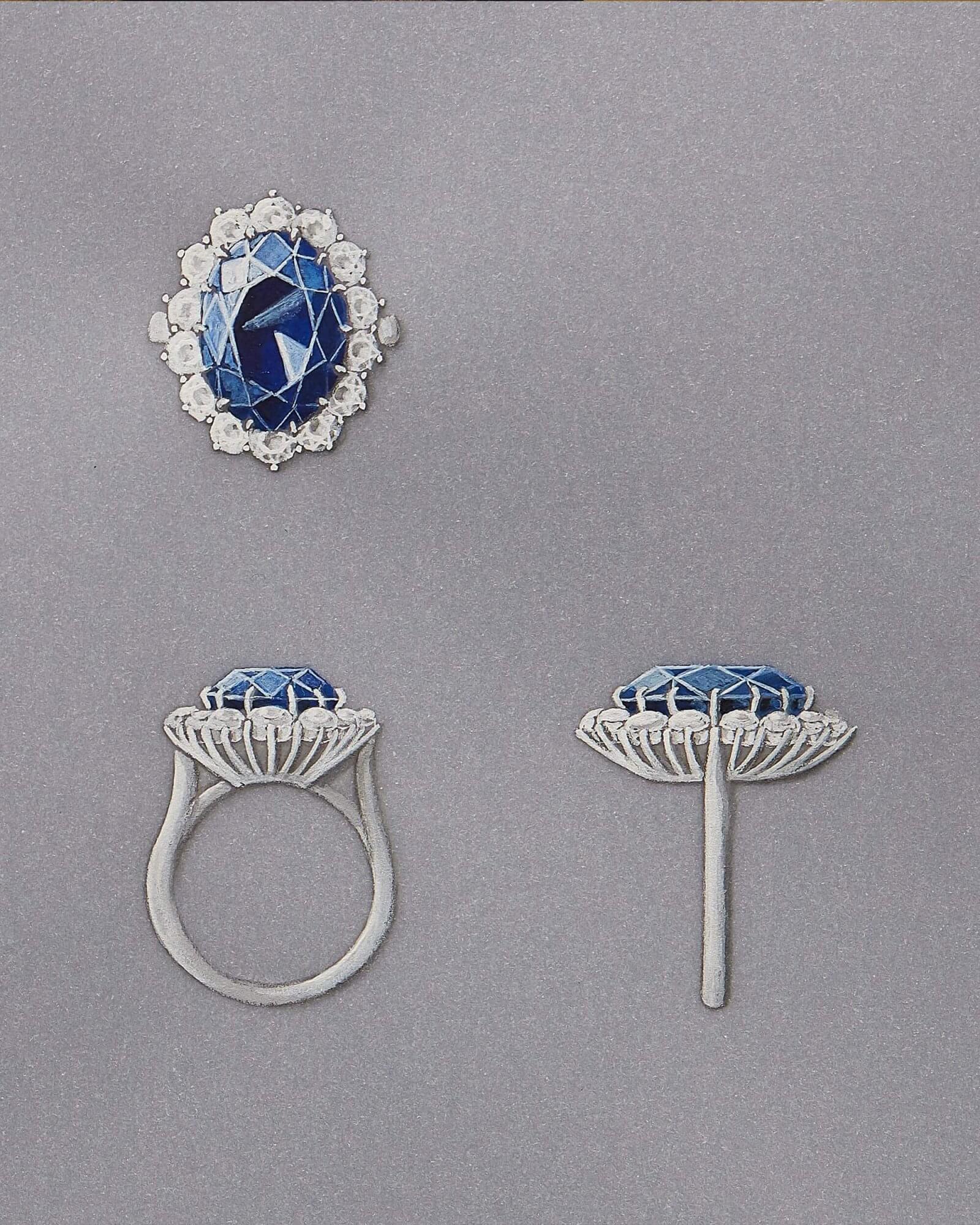 a painted gouche drawing of princess diana sapphire enagagement ring by Garrard