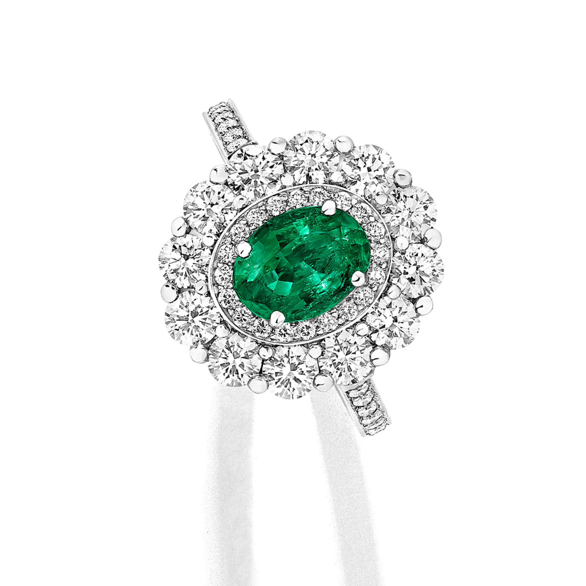 Close up of a Garrard 1735 emerald and diamond ring