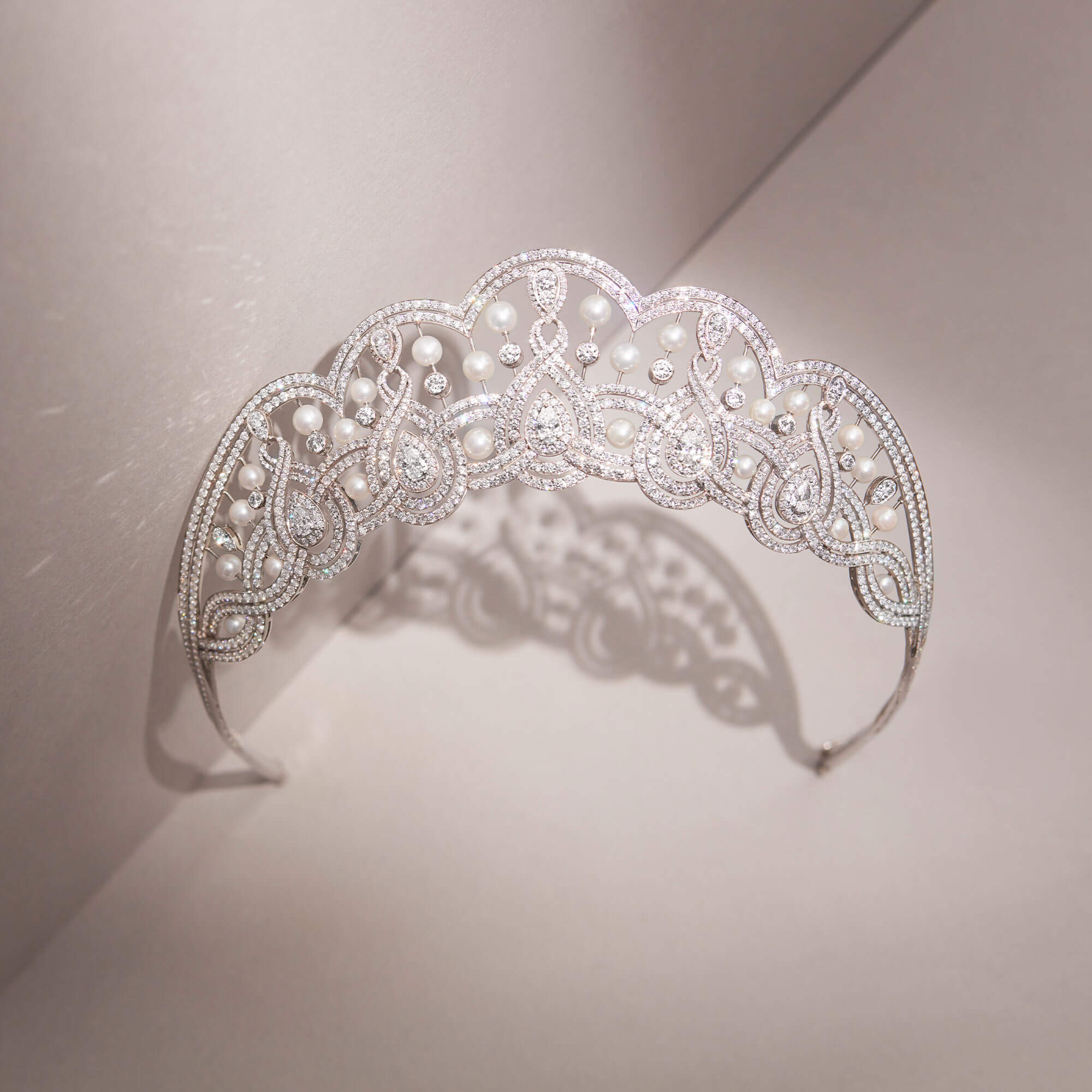 Close up of a Garrard High Jewellery Diamond and Pearl Tiara