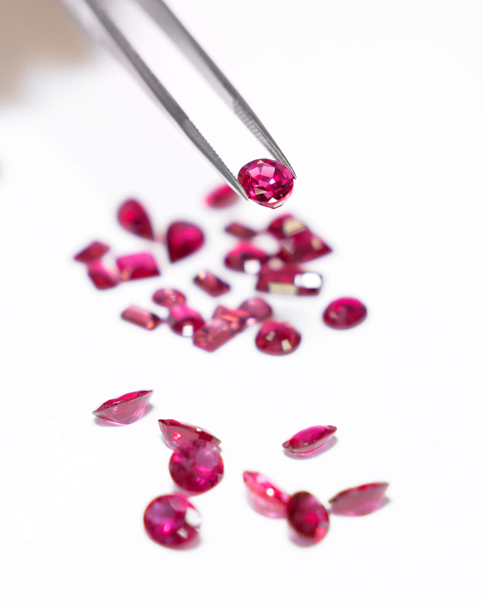 Close up of Pink Sapphires in the Garrard workshop