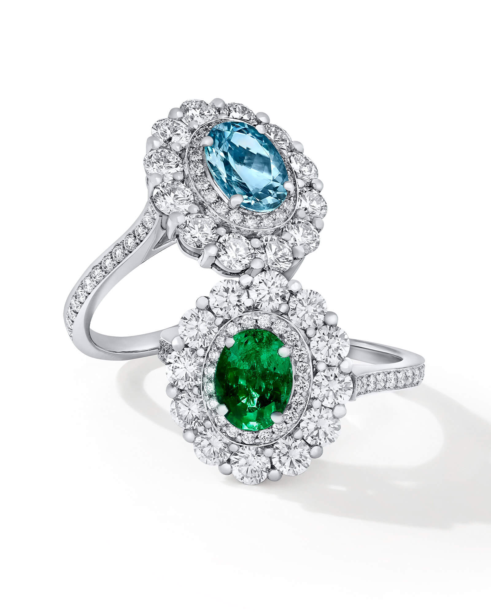 Garrard 1735 bridal jewellery Aquamarine and emerald Double Cluster Engagement Ring with Diamonds homepage mobile