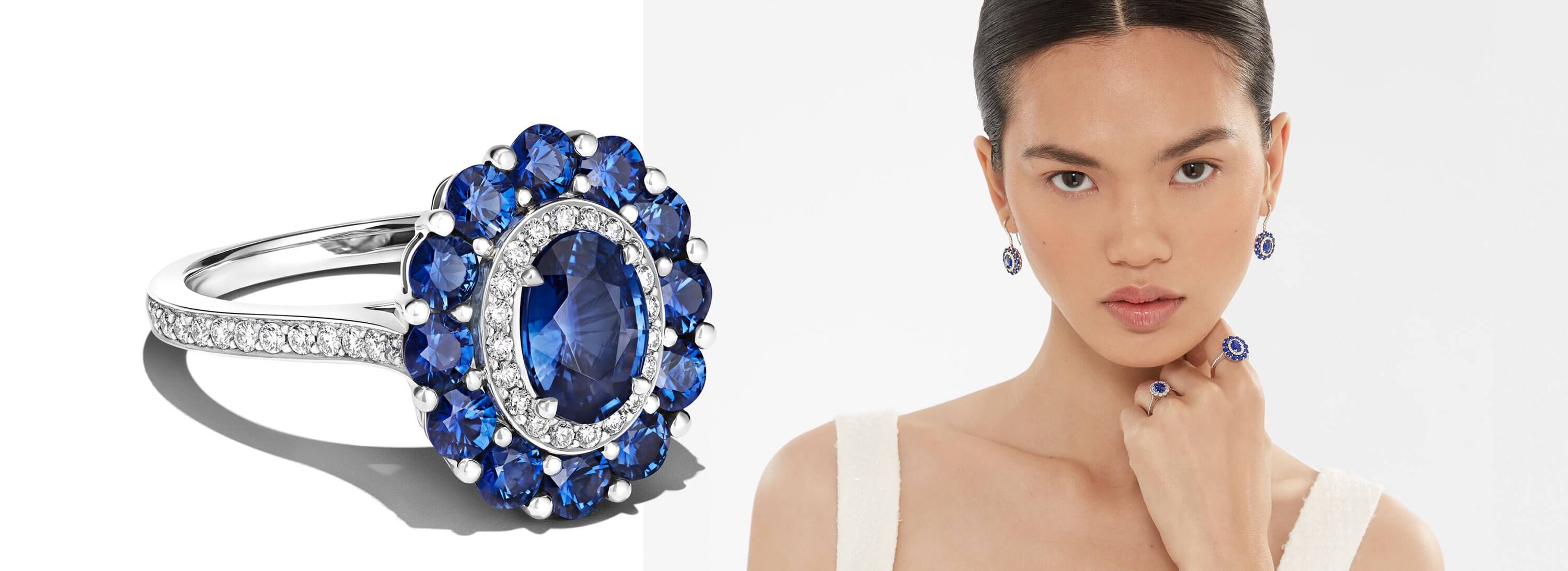Garrard 1735 diamond and sapphire jewellery on model