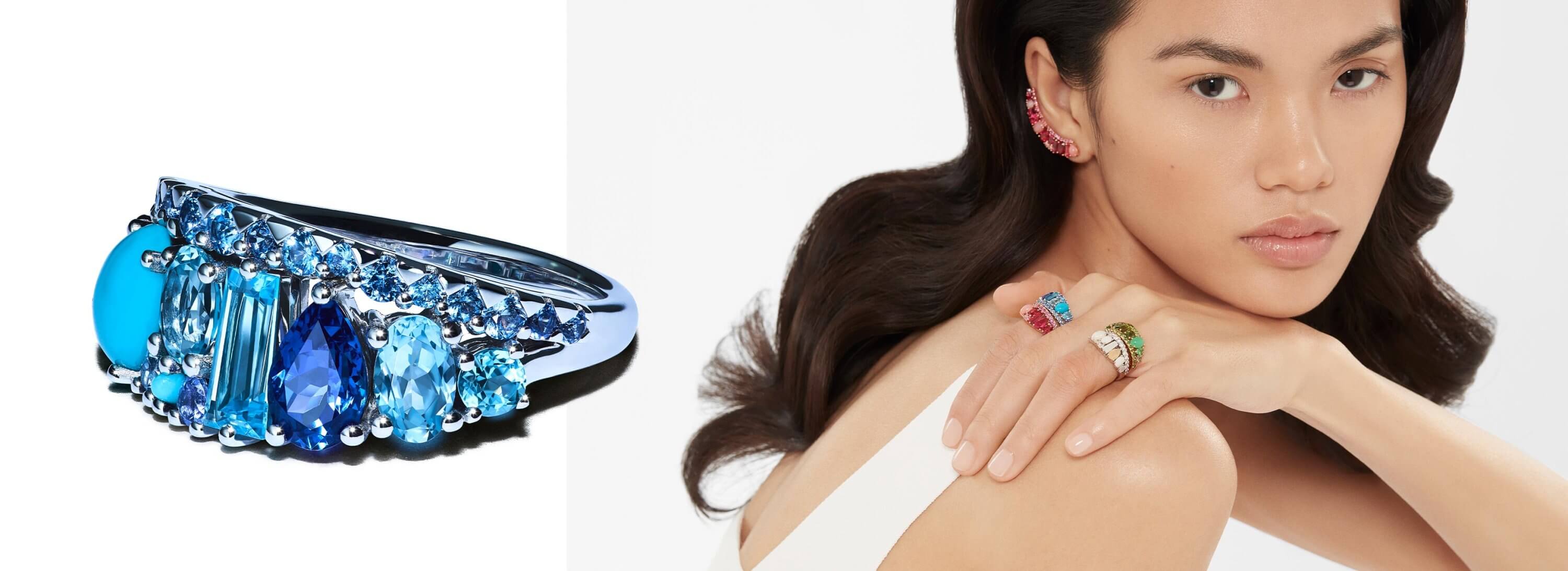 Garrard Blaze diamond and coloured gemstones jewellery on model d