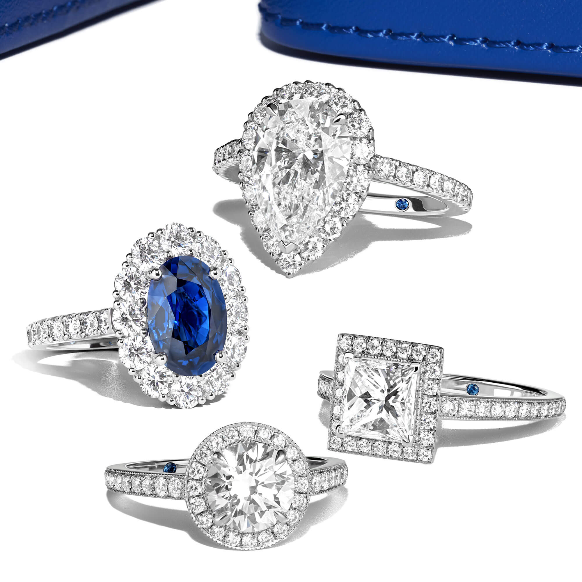 Garrard engagement rings set with different shape of gemstomes Cut Garrard jewellery box