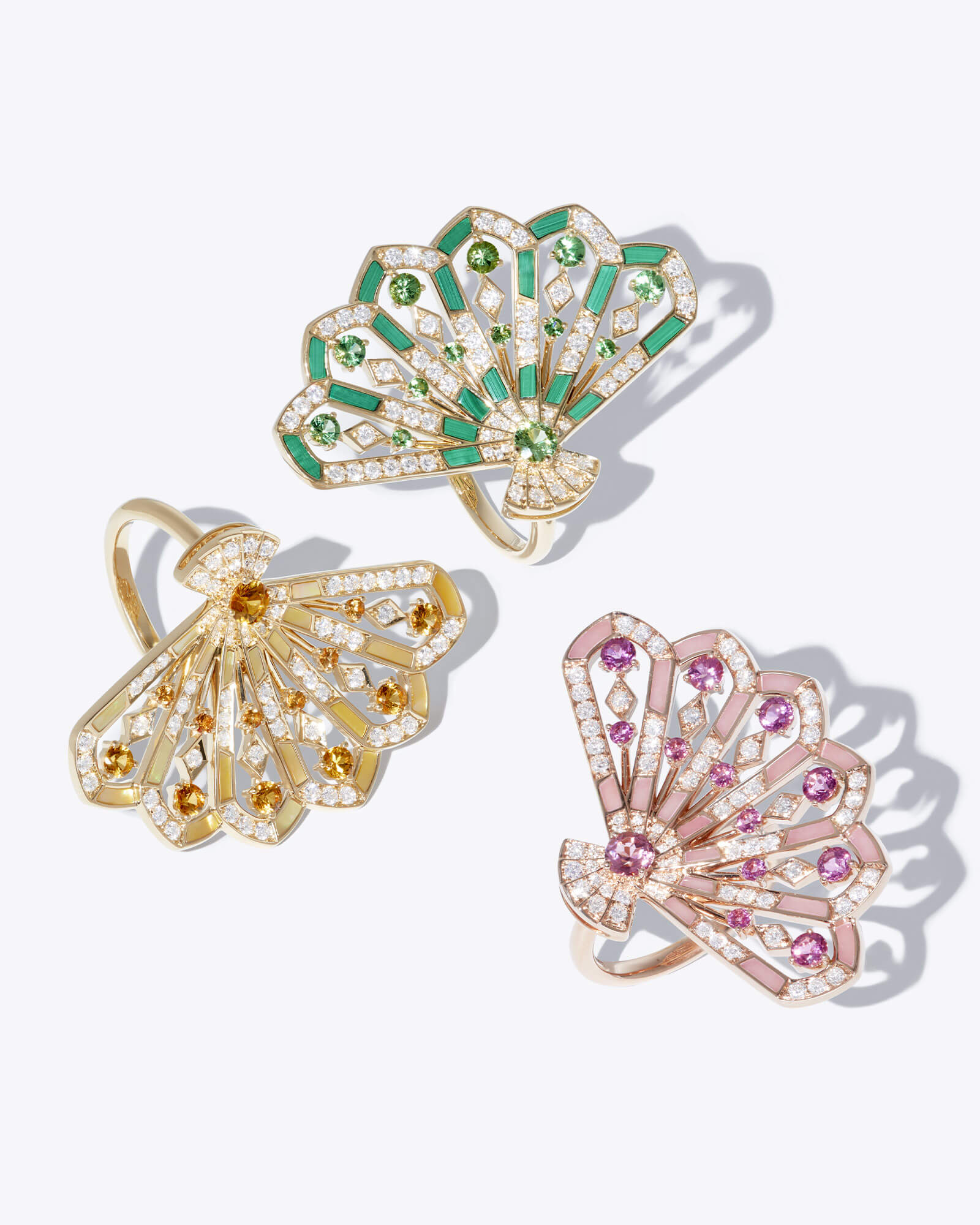 Garrard Fanfare jewellery collection Symphony Diamond and coloured gemstone rings in yellow, pink and green Jewellery LP feature