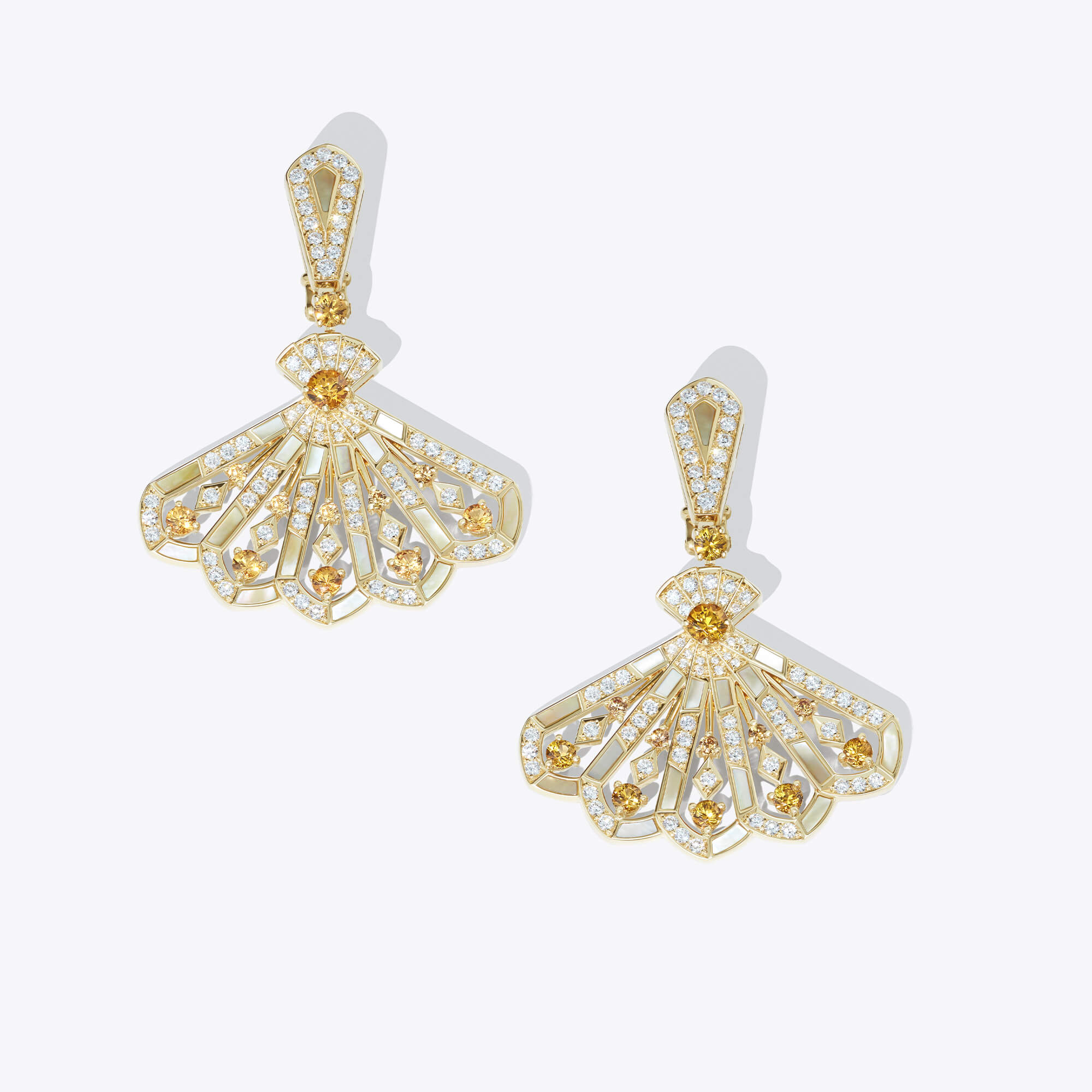 Garrard Fanfare jewellery collection Symphony Diamond and Orange Sapphire Drop Earrings In 18ct Yellow Gold with Golden Mother of Pearl PLP feature