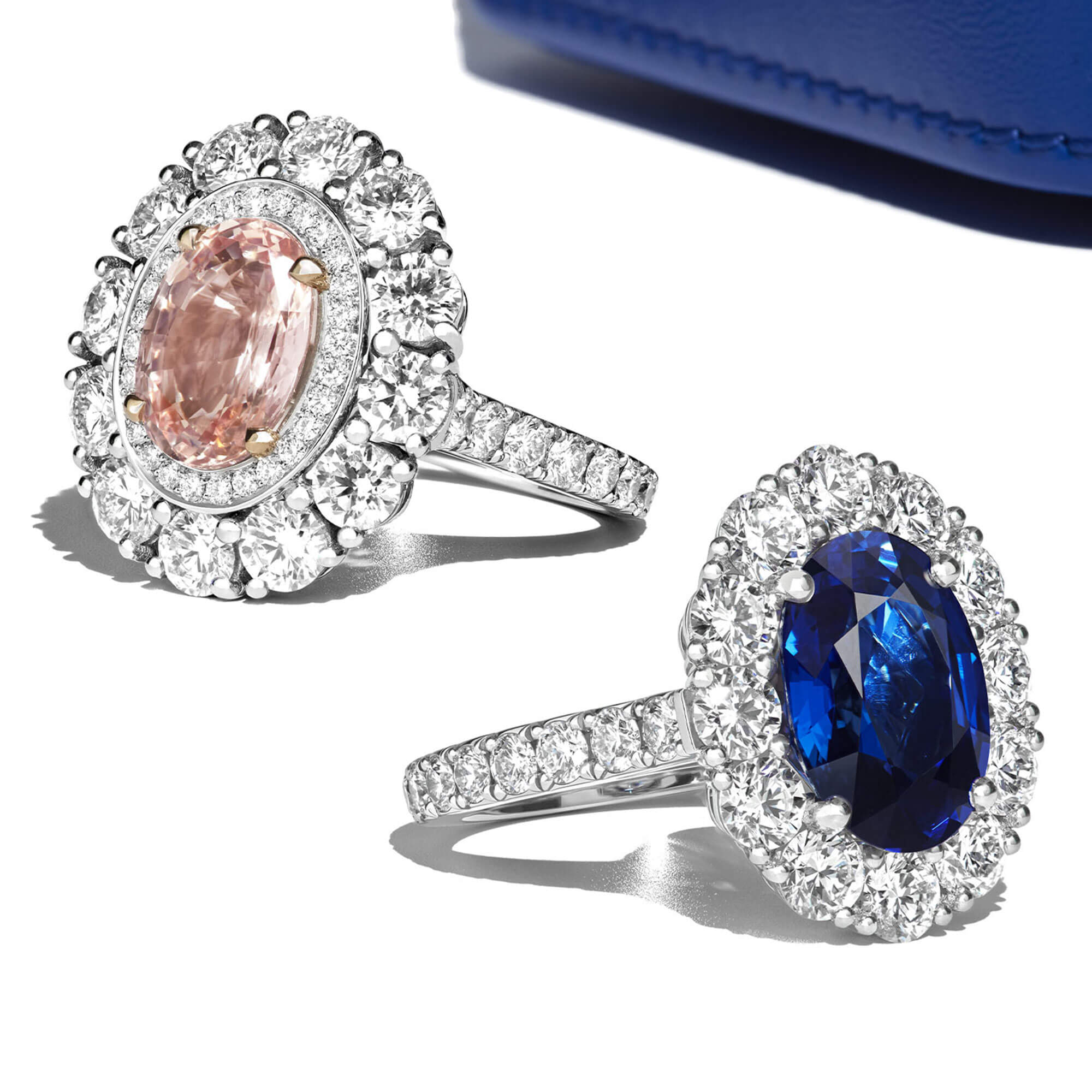 Garrard iconic 1735 engagement rings set with coloured gemstones inspired by Princess Dianas sapphire engagement ring with a Garrard jewellery box B