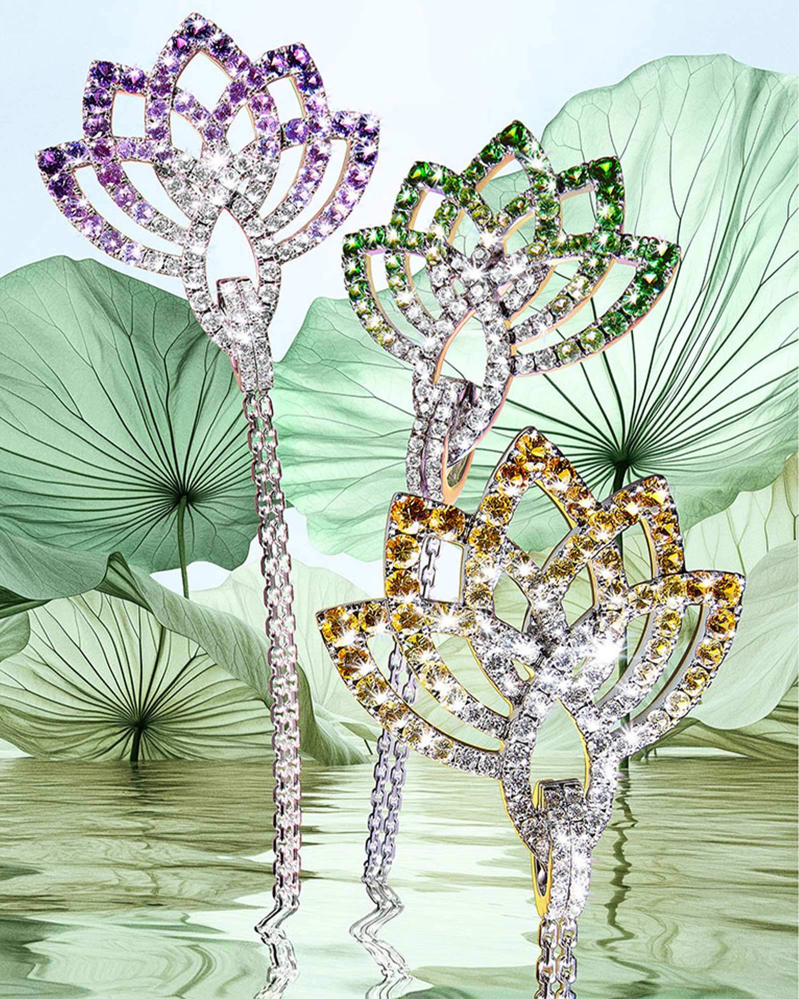 Garrard Lotus Flower colour gemstone and diamond pendants Utopia campaign feature banner