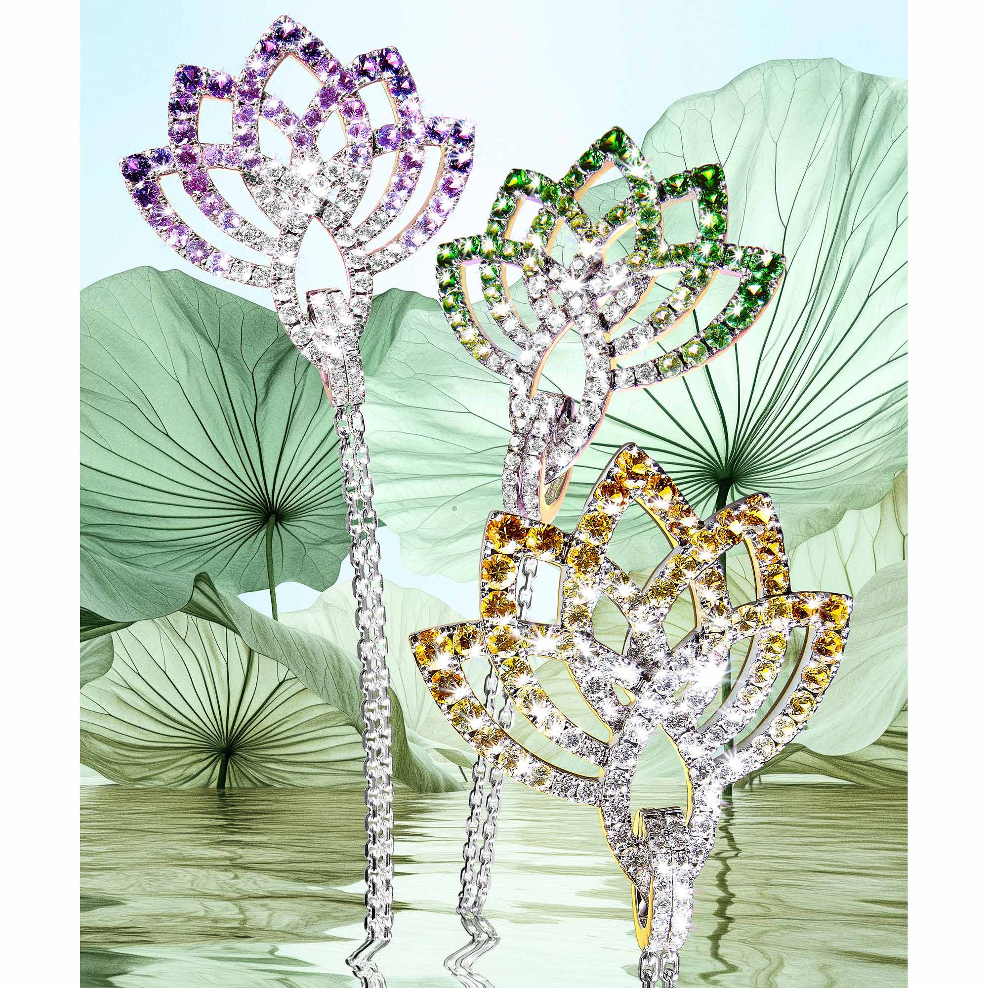 Garrard Lotus Flower colour gemstone and diamond pendants Utopia campaign PLP feature banner