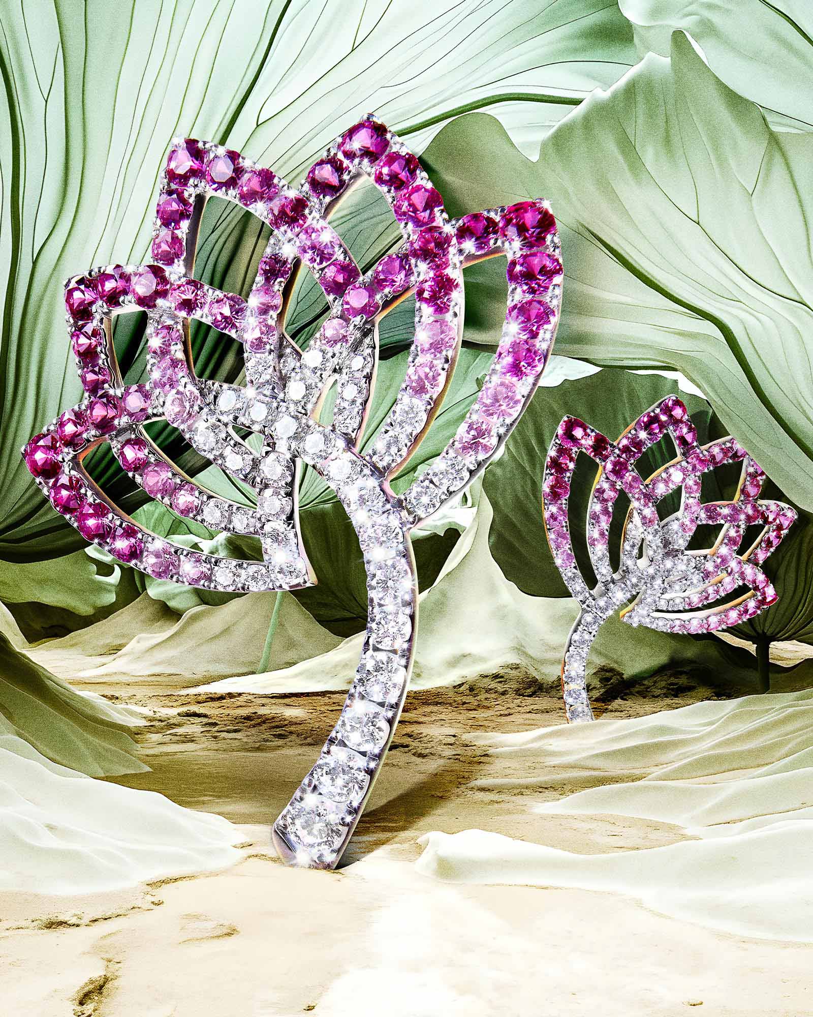 Garrard Lotus Flower Pink sapphire and diamond drop earrings Utopia campaign feature banner