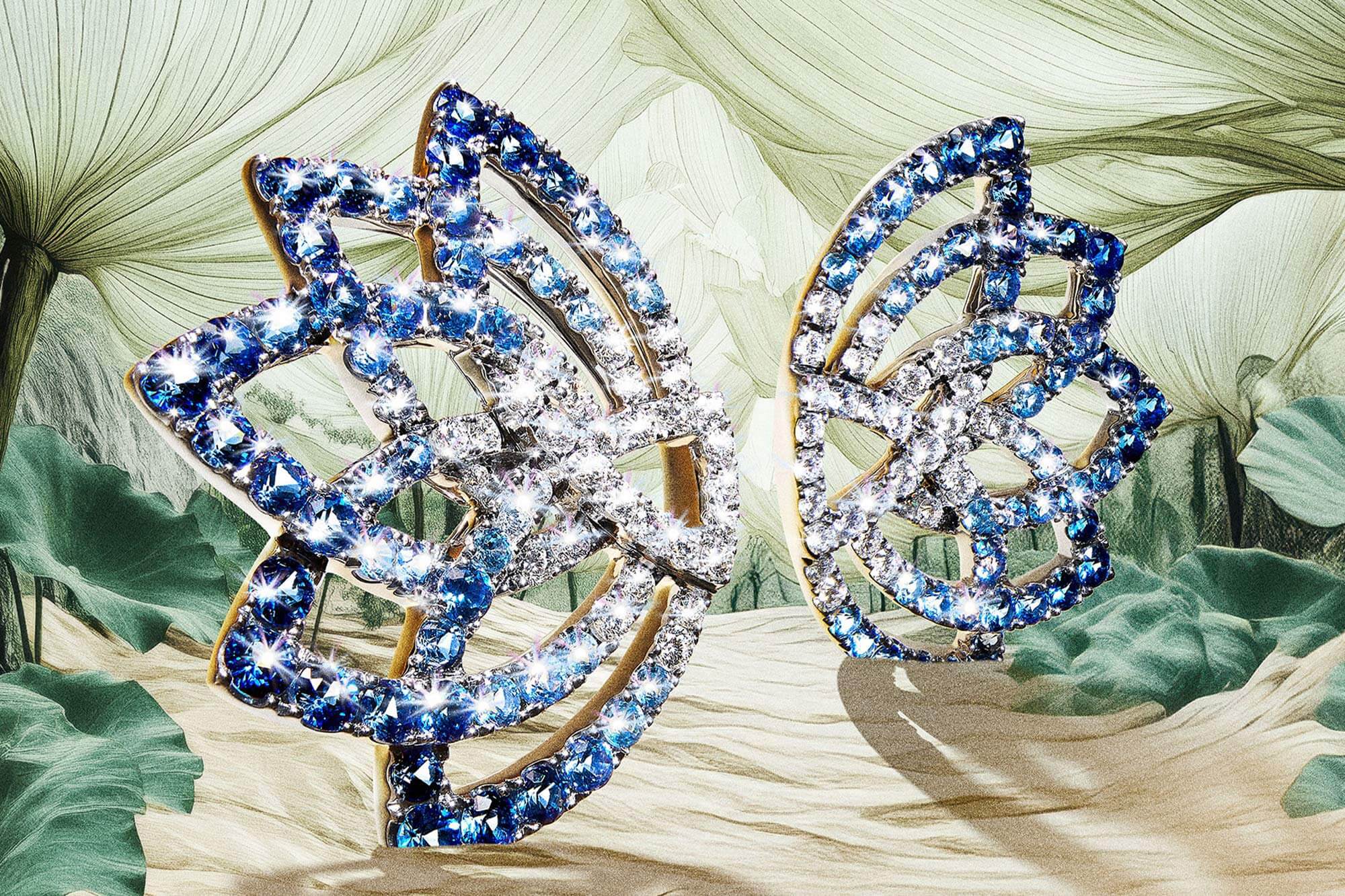 Garrard Lotus Flower Sapphire and diamond Earrings Utopia campaign menu banner