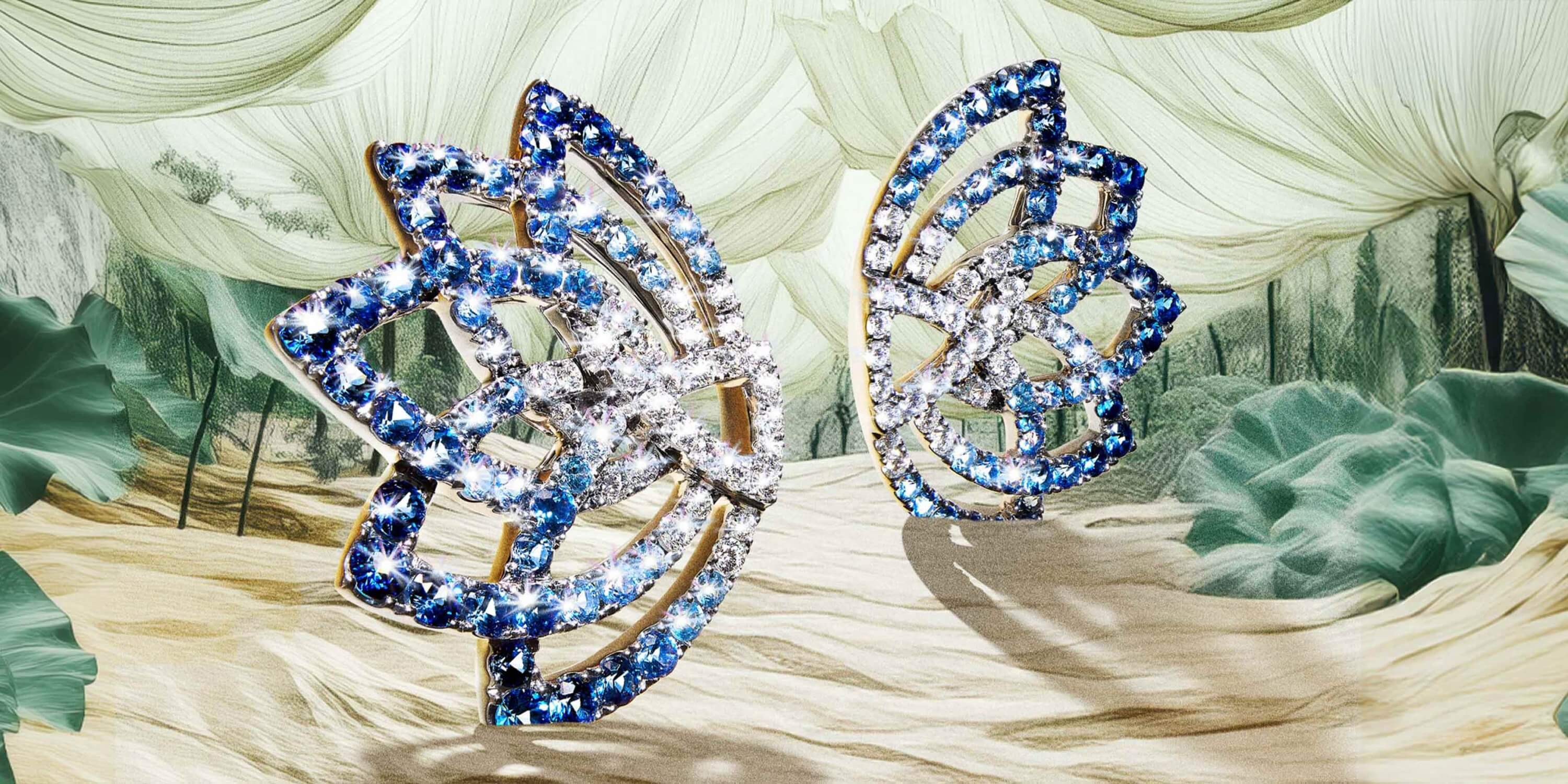Garrard Lotus Flower Sapphire and diamond Earrings Utopia campaign page