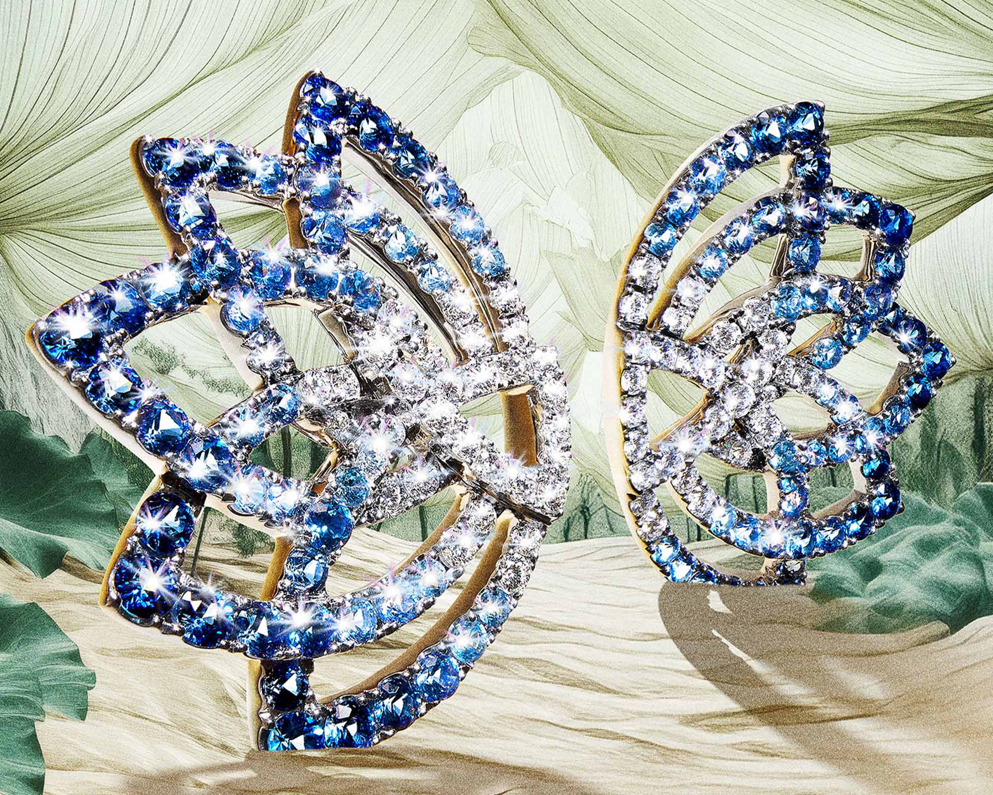 Garrard Lotus Flower Sapphire and diamond Earrings Utopia campaign PLP Banner mobile