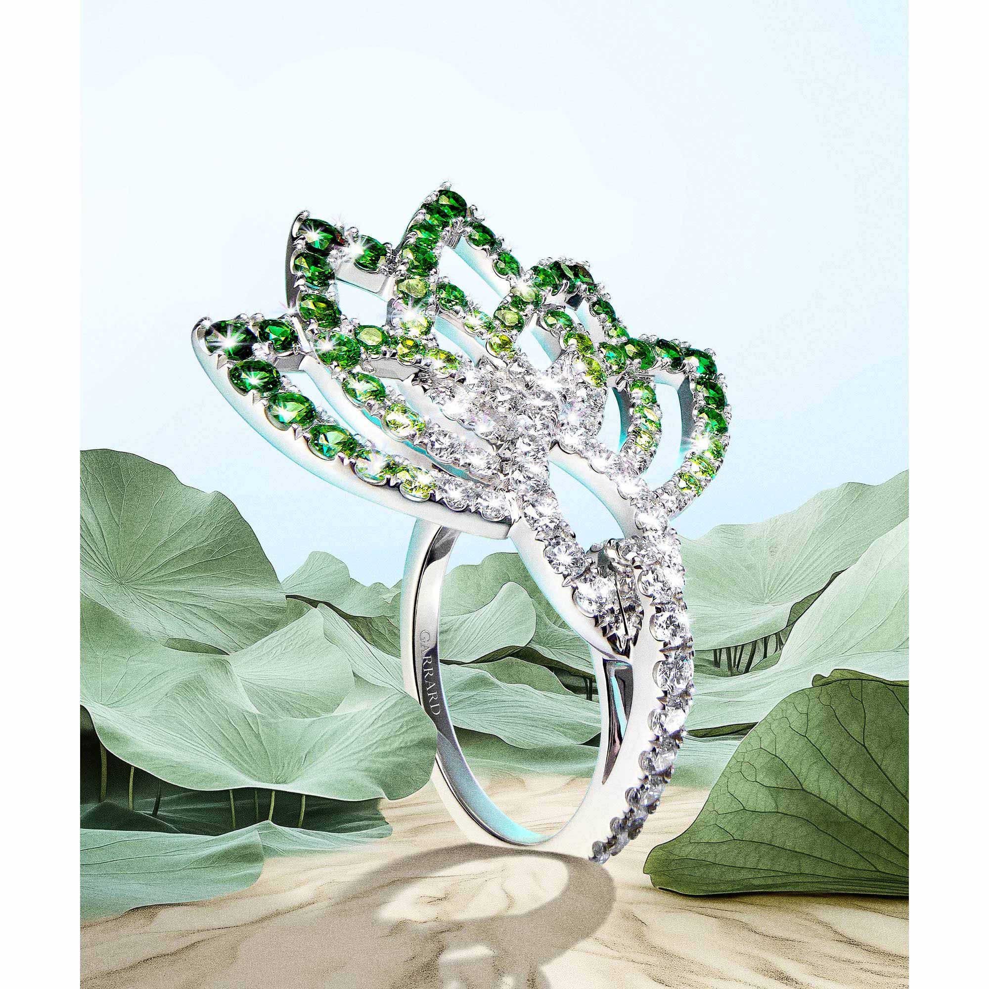 Garrard Lotus Flower Tsavorite and diamond Ring Utopia campaign plp feature banner
