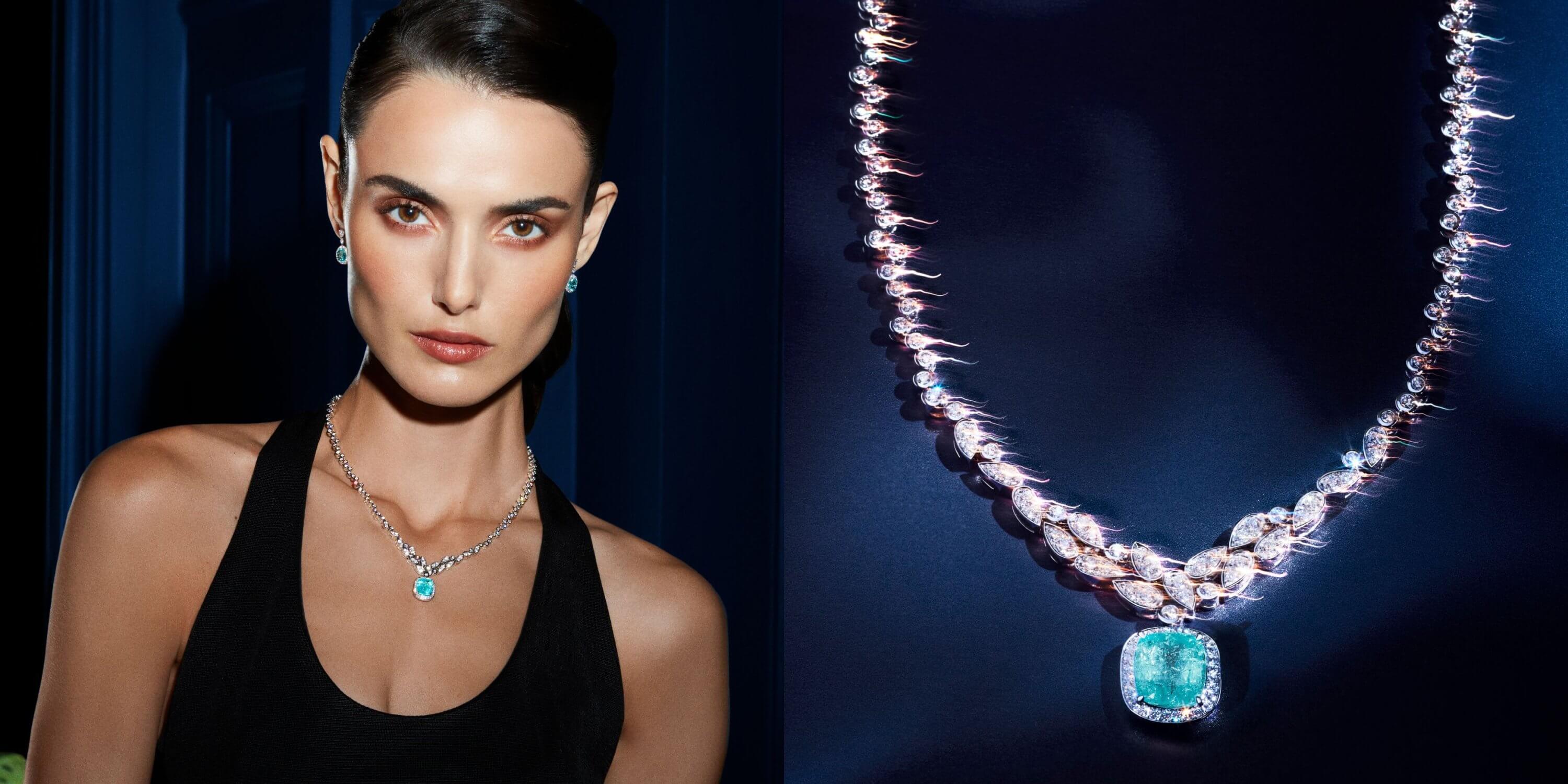 Garrard Rule The Room Campaign featuring Blanca Padilla wearing Jewelled Vault Tourmaline Pariba set