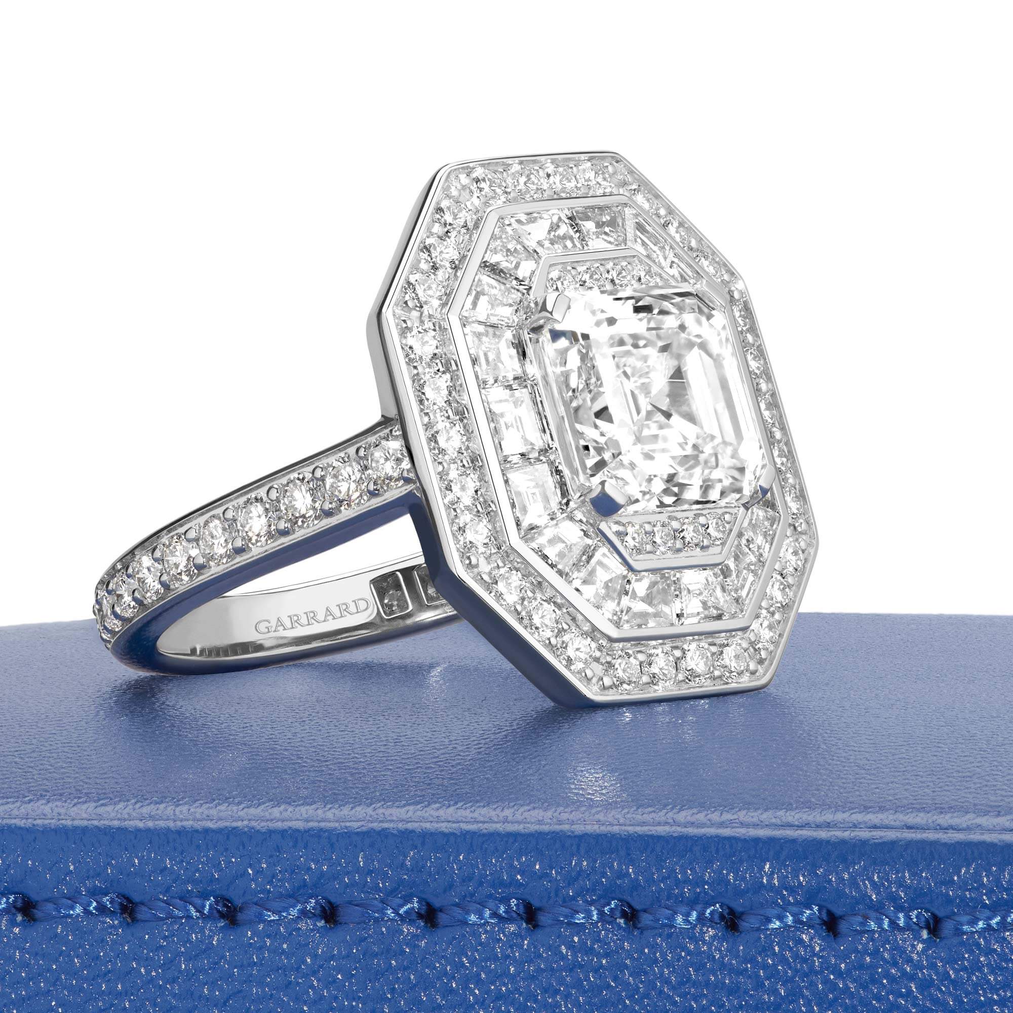 Garrard unique high jewellery diamond engagement ring on a Garrard jewellery box close up 1x1 2