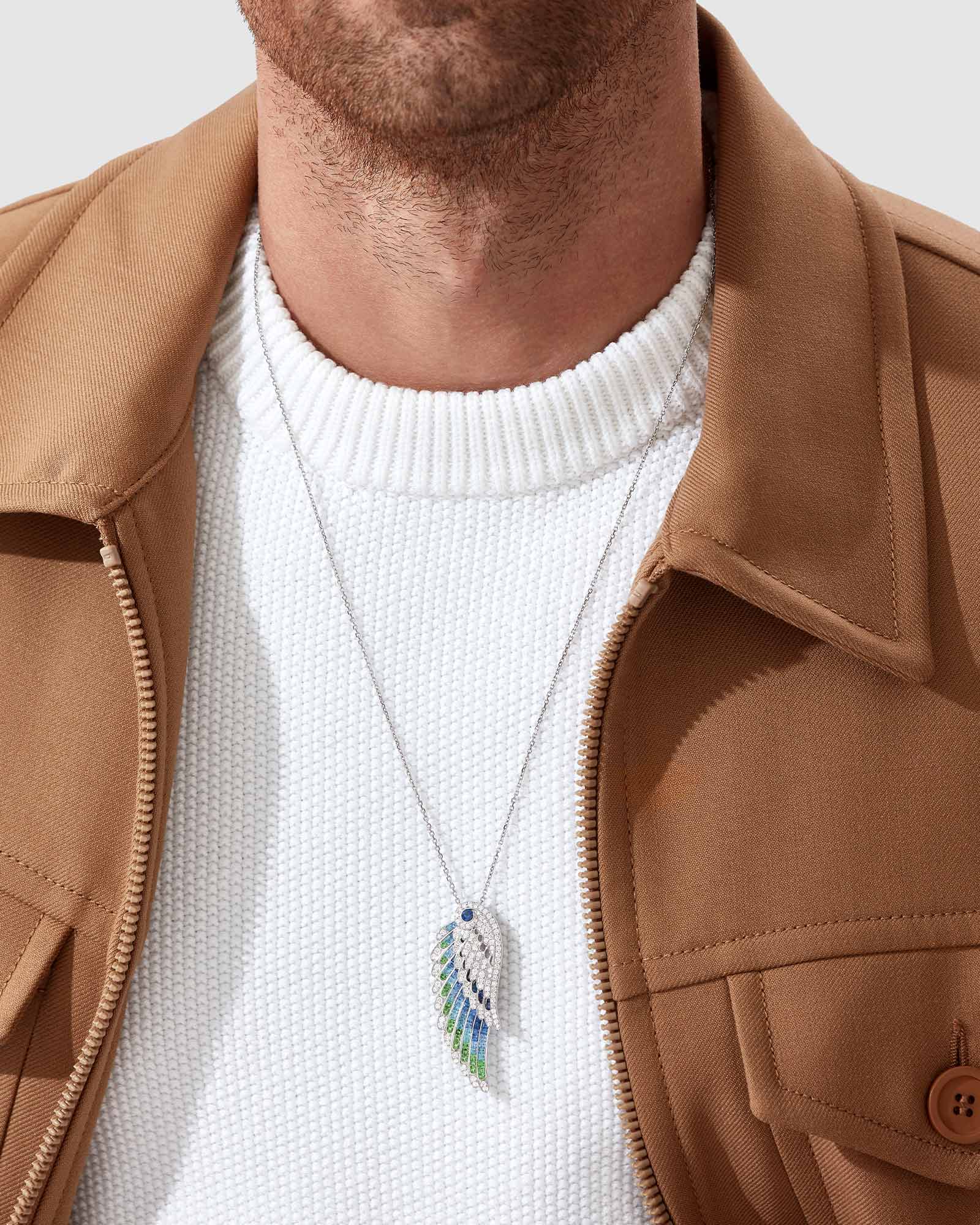 Garrard Wings Embrace Jewellery collection sapphire and diamond pendant on model