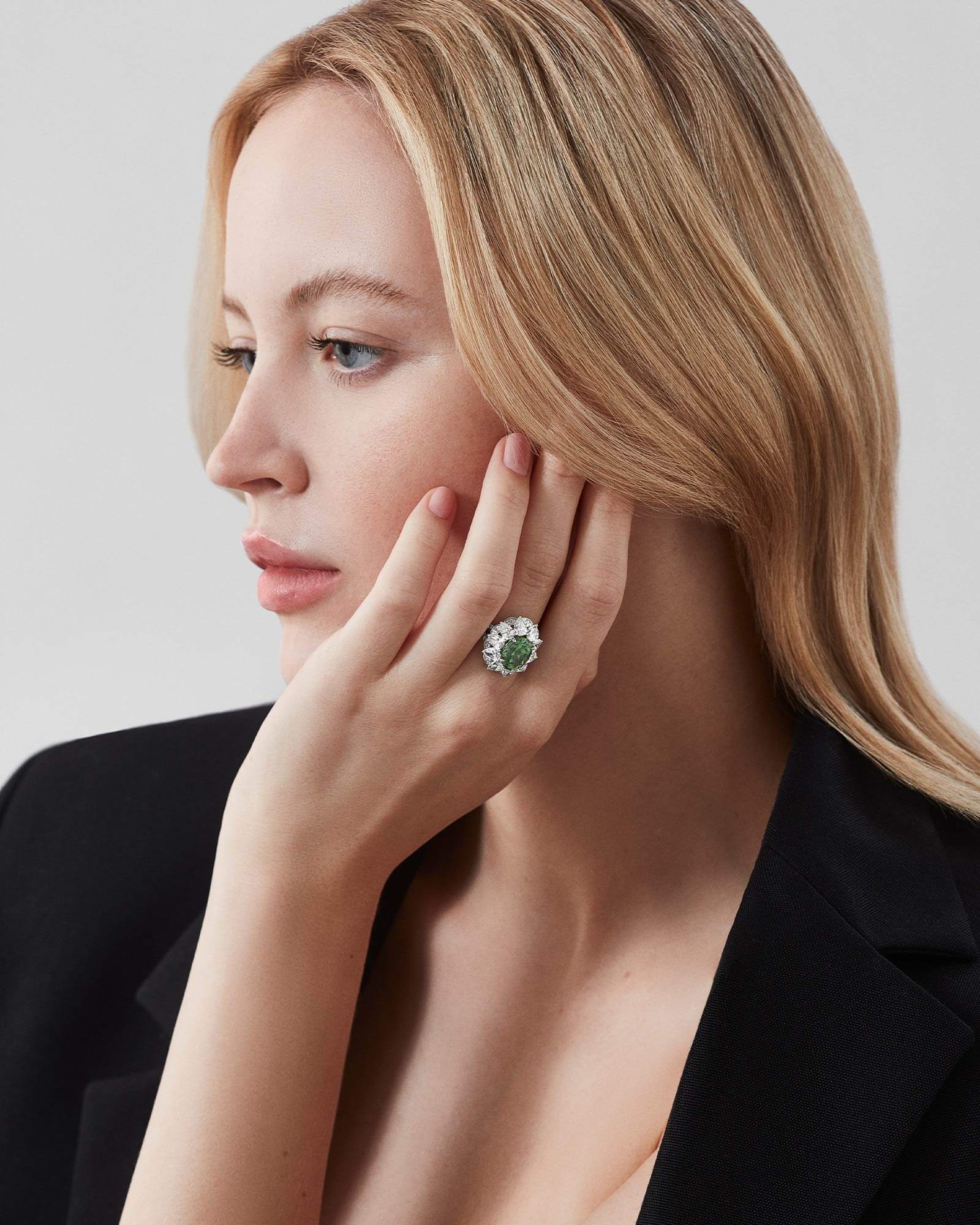 Model wears a Garrard Jewelled Vault One of a kind Ring