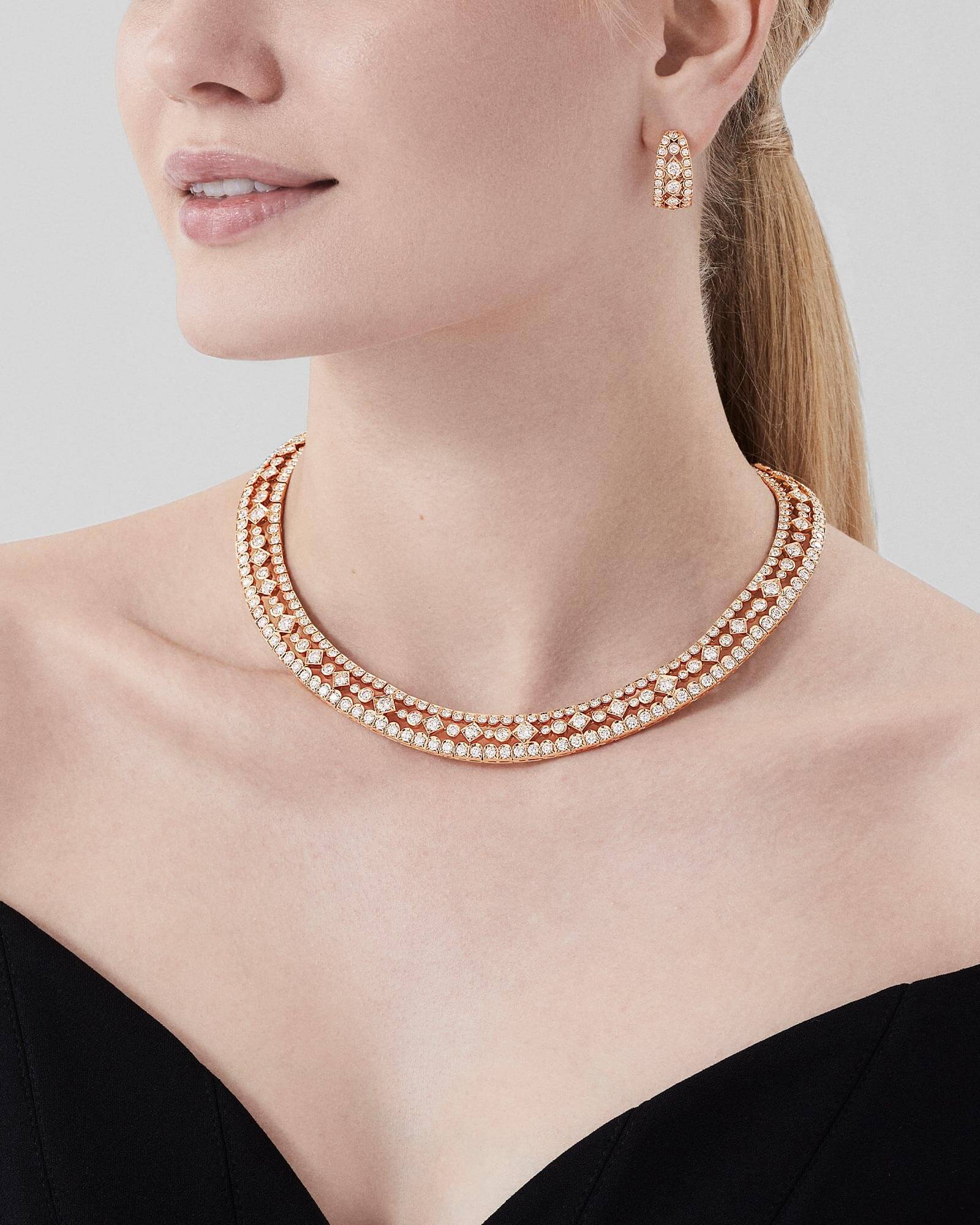 Model wears Garrard high jewellery collection Albemarle Classic High Jewellery Suite2024 close up