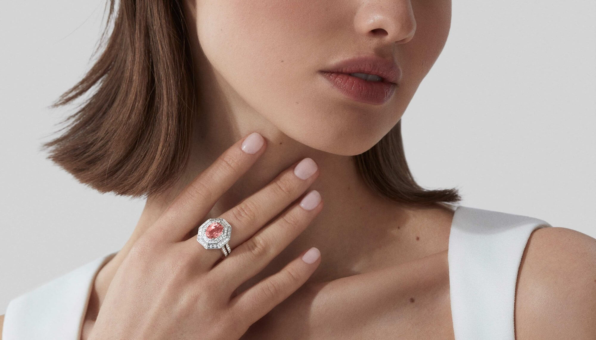 Model wears Garrard high jewellery jewelled vault one of a kind ring close up