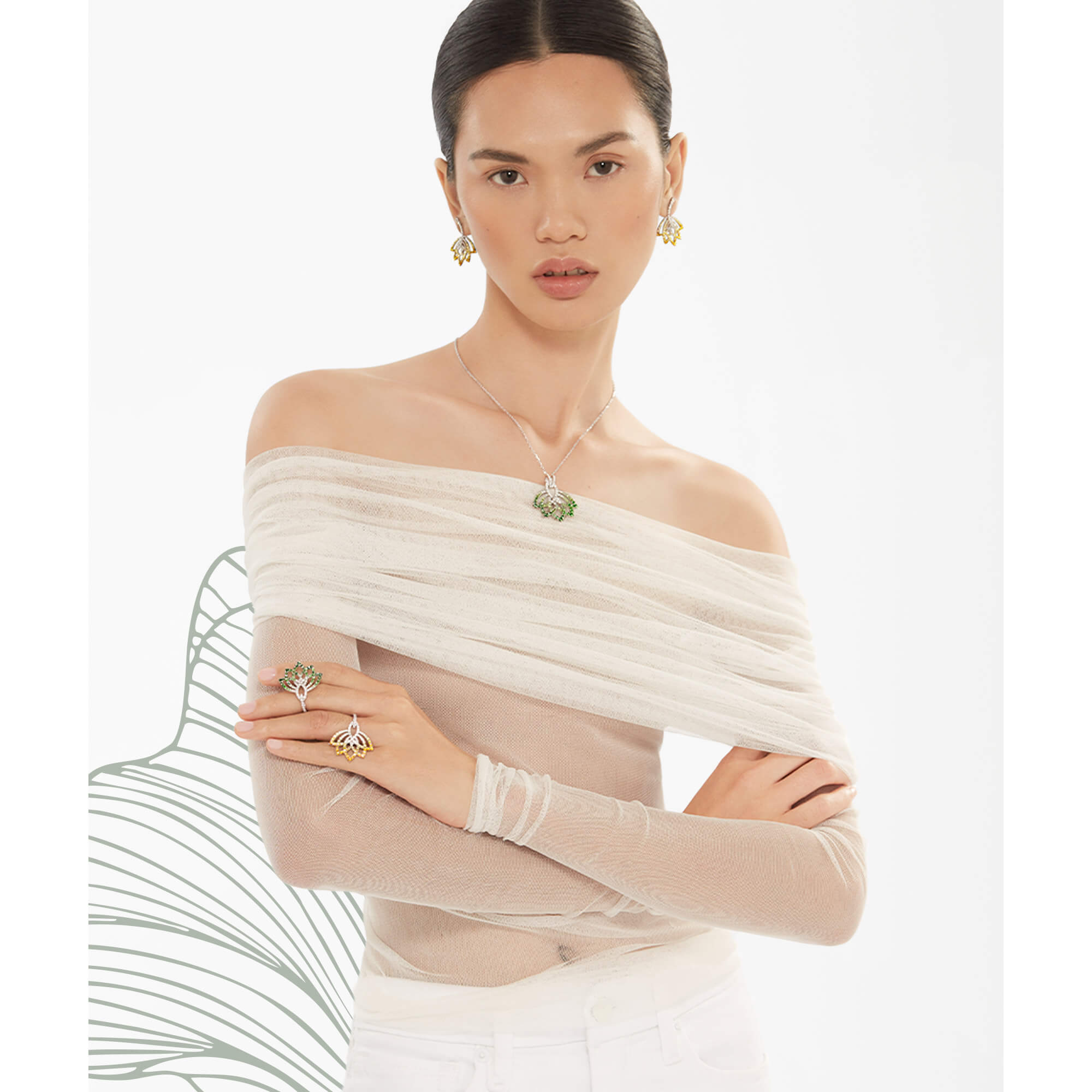 Model wears Garrard Lotus collection jewellery