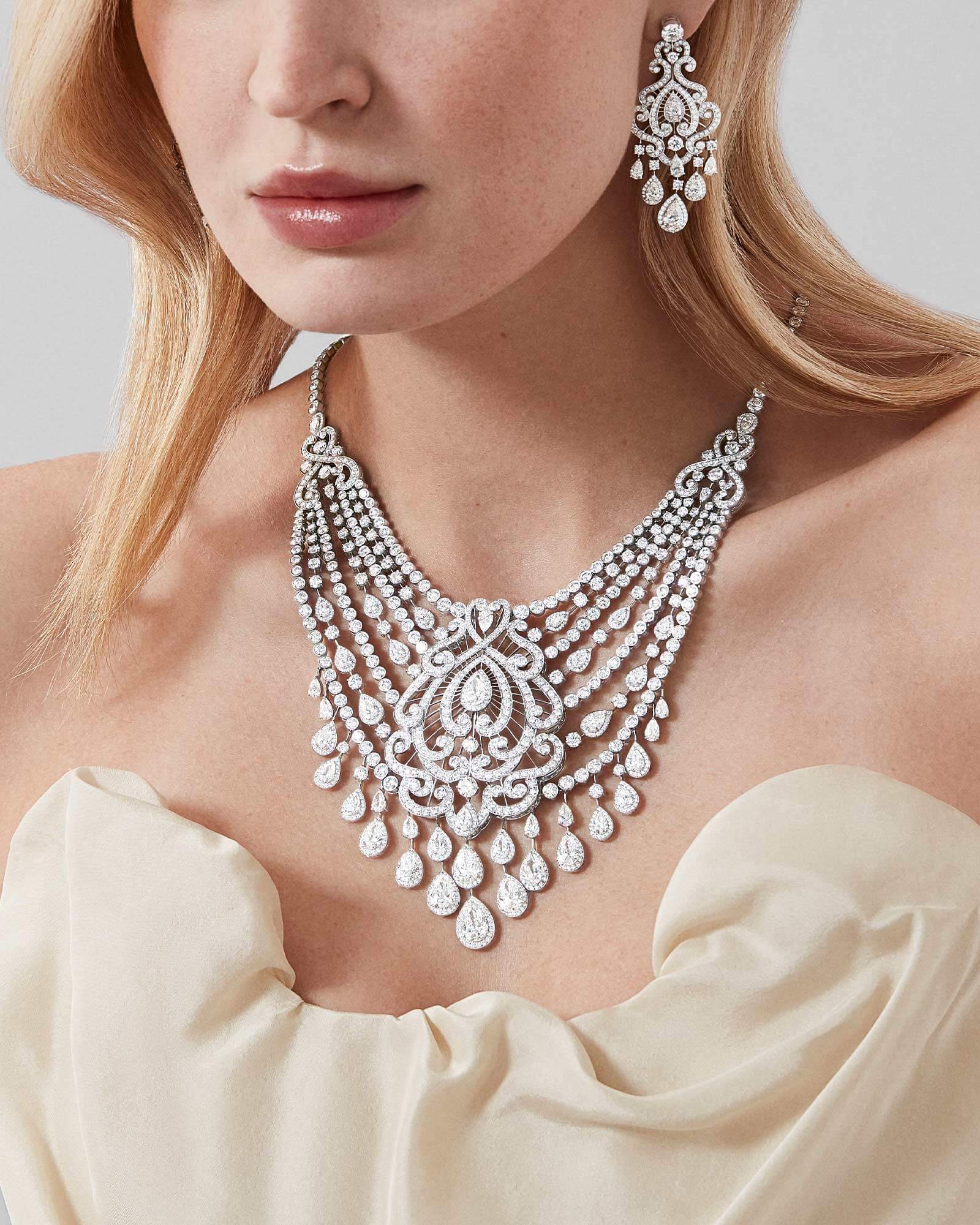 Model wears Garrard White Rose High Jewellery Suite LP close up