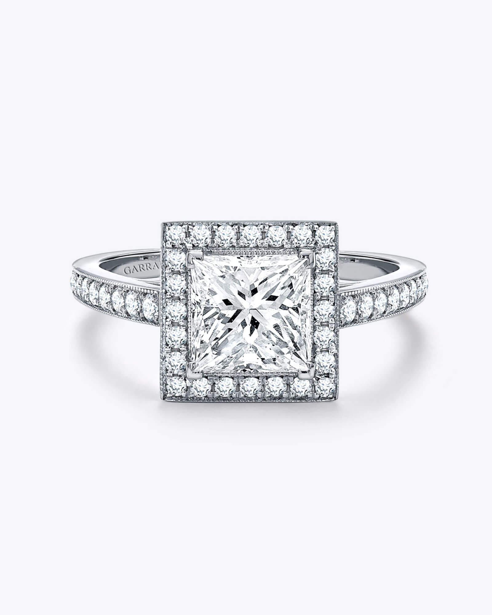 The Garrarf Evermore Princess Cut Diamond Halo Engagement Ring In Platinum with Diamonds