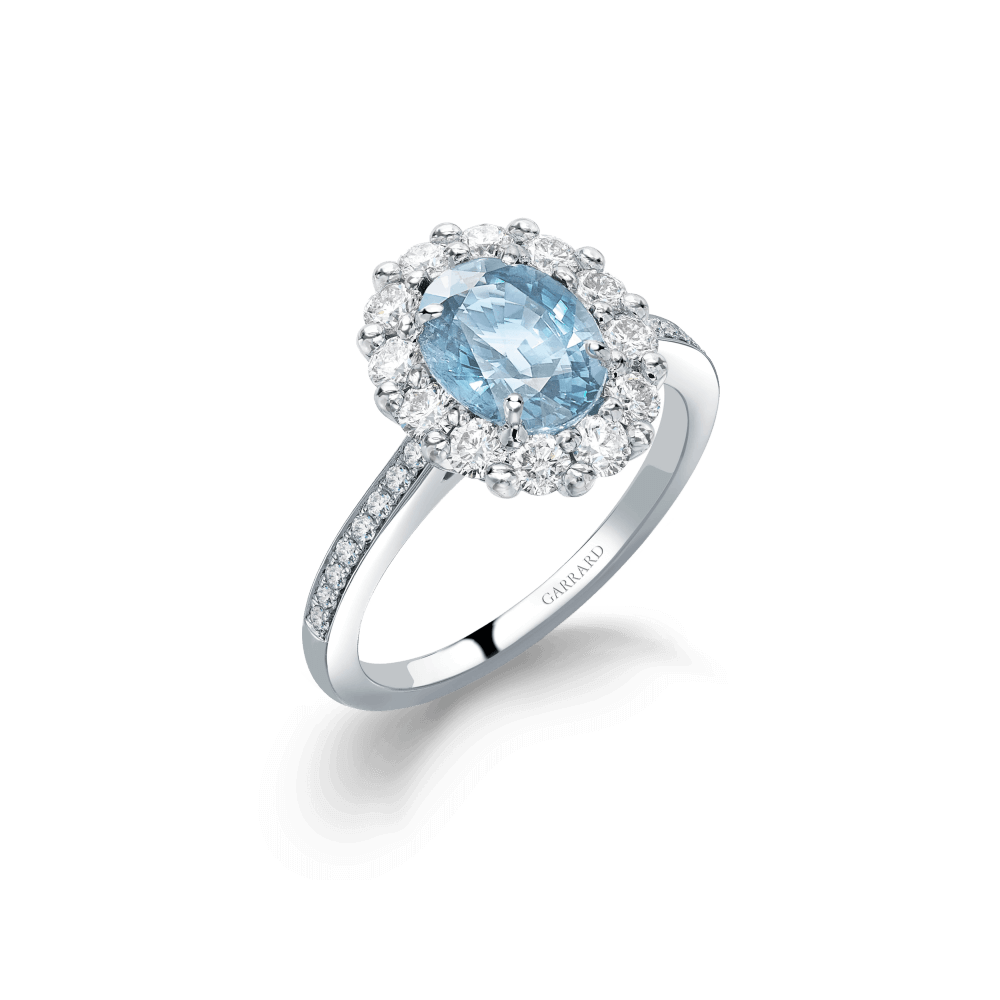 Garrard 1735 collection jewellery Aquamarine Oval Ring In Platinum with Diamonds JR17PT10 Hero View