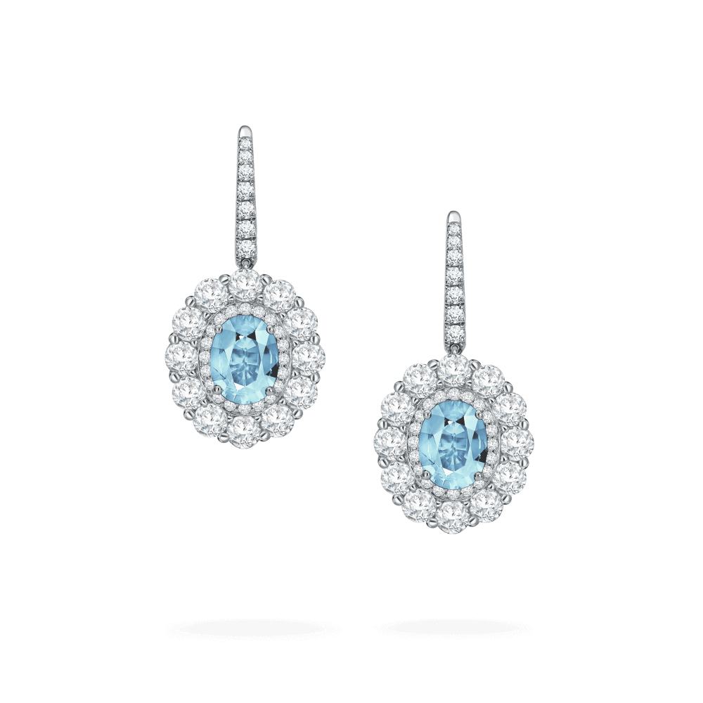 Garrard 1735 jewellery collection Aquamarine Double Cluster Earrings in platinum with Diamonds JE17PT17 Hero View