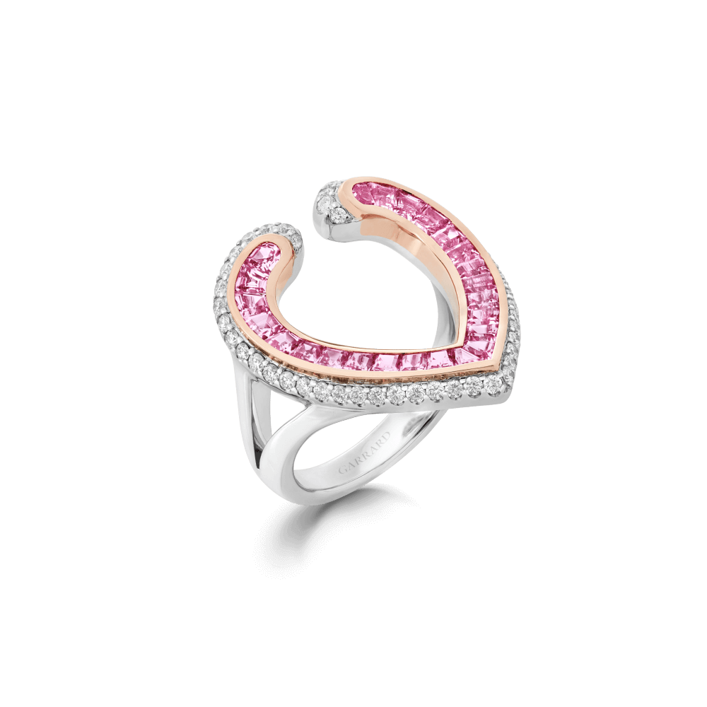 Garrard Aloria jewellery collection Calibre cut pink sapphire ring in 18ct rose gold with diamonds 2017069 Hero View