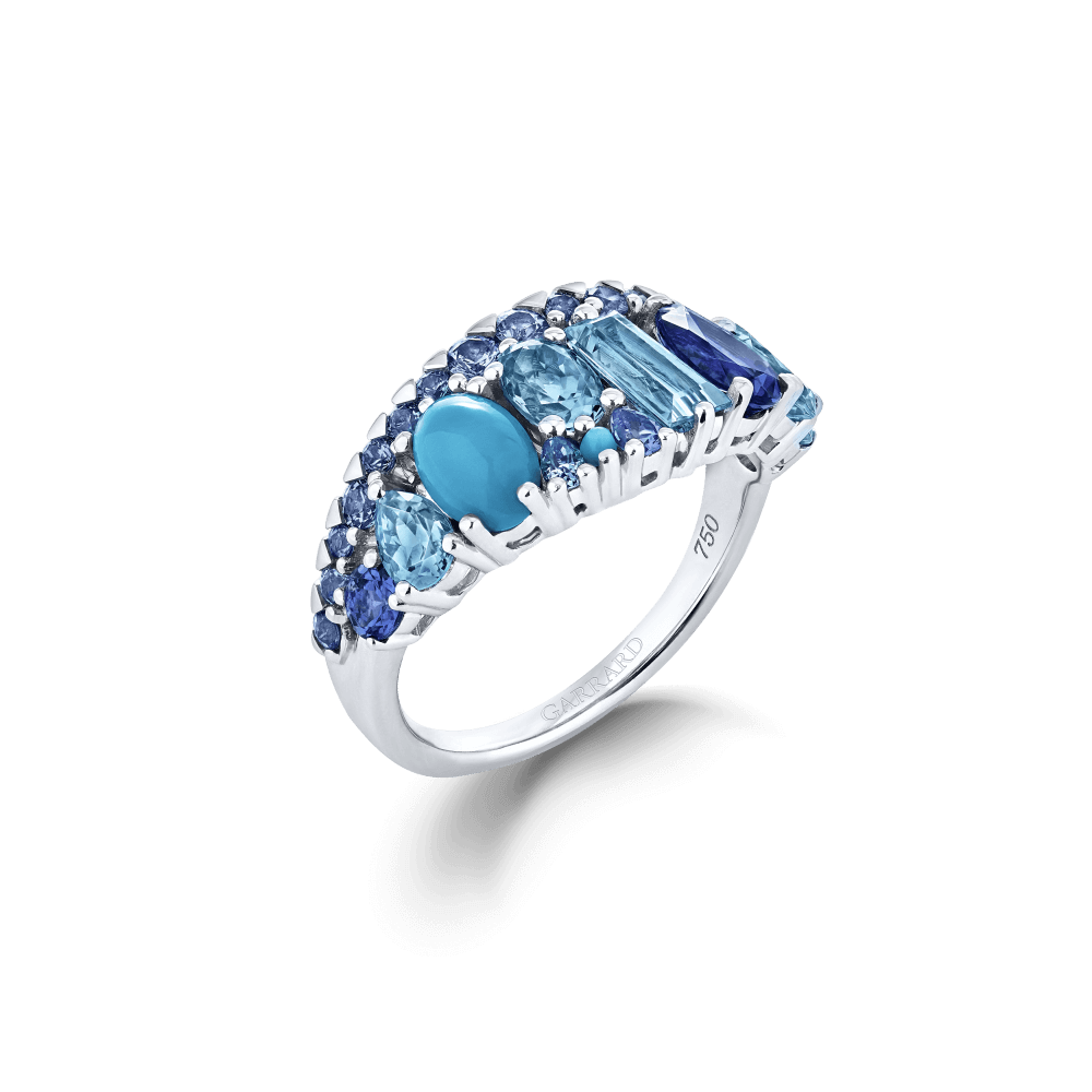 Garrard Blaze Collection 18ct white gold band ring with blue sapphires tanzanites aquamarines blue topaz and turquoise 2017673