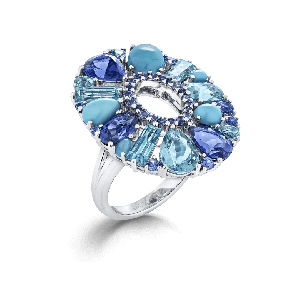 Garrard Blaze Collection 18ct white gold cocktail ring with blue sapphires tanzanites aquamarines blue topaz and turquoise 2017644