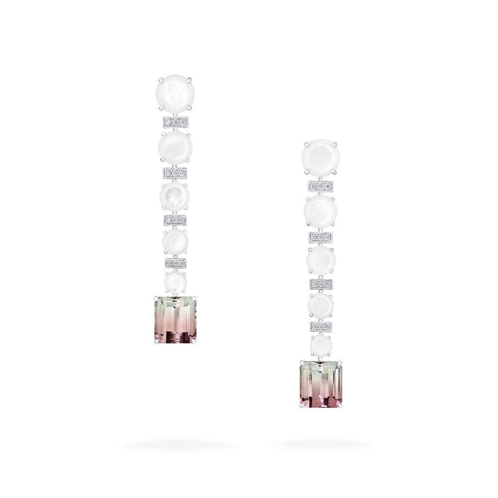 Garrard Couture Desert Rose Drop Earrings In 18ct White Gold with Bi Colour Tourmalines Diamonds and Mother of Pearl 2018133