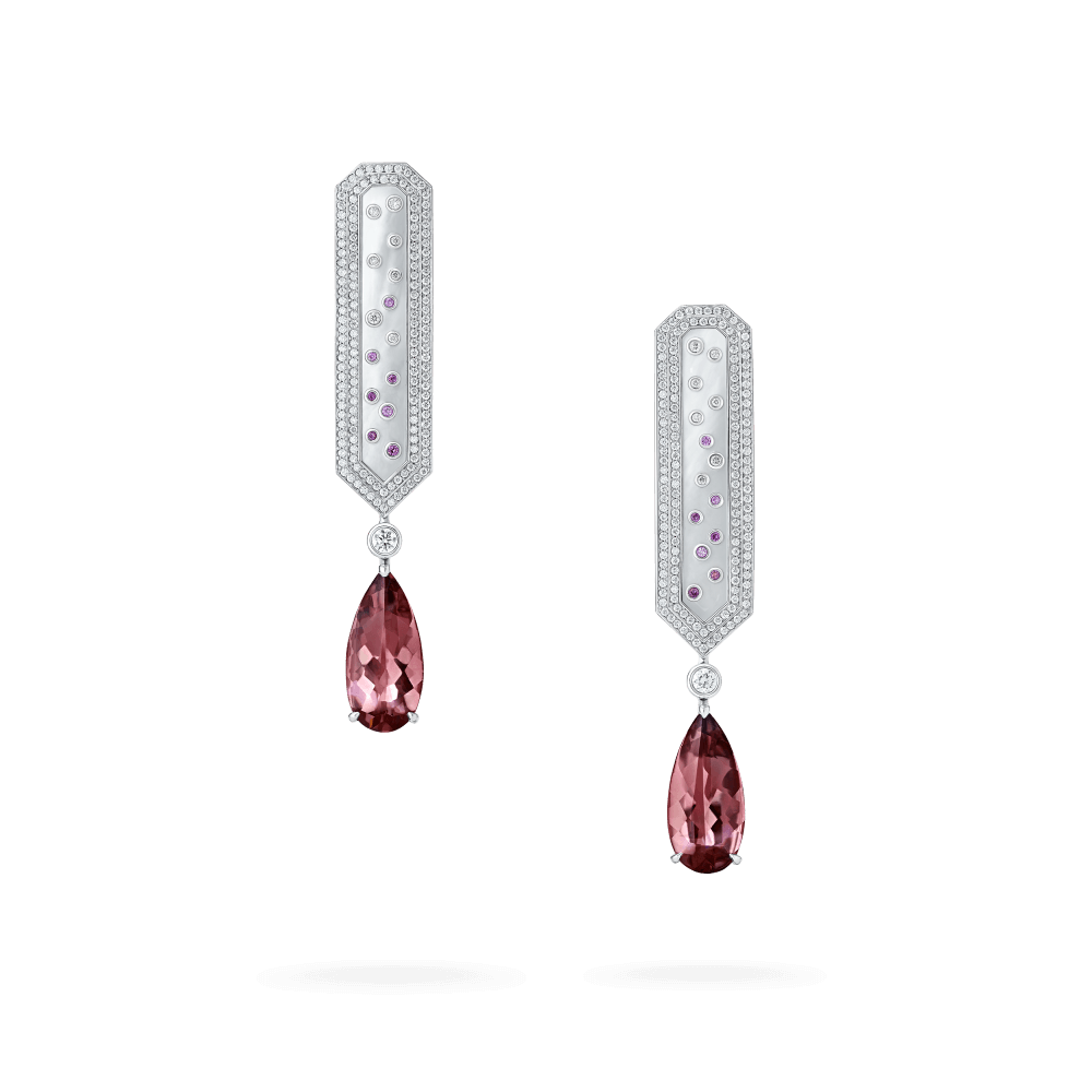 Garrard Couture Desert Rose Panel Earrings In 18ct White Gold with Tourmalines Diamonds Pink Sapphires and Mother of Pearl 2018132