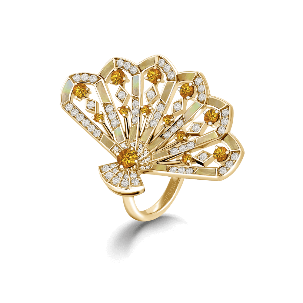Garrard Fanfare Symphony Jewellery Collection Diamond and Orange Sapphire Ring In 18ct Yellow Gold with Golden Mother of Pearl 2018748 Hero