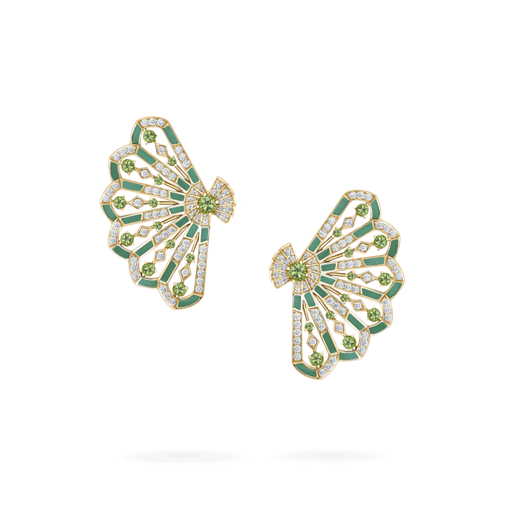 Garrard Fanfare Symphony Jewellery Collection Diamond and Tsavorite Earrings In 18ct Yellow Gold with Apple Malachite 2018741 Hero