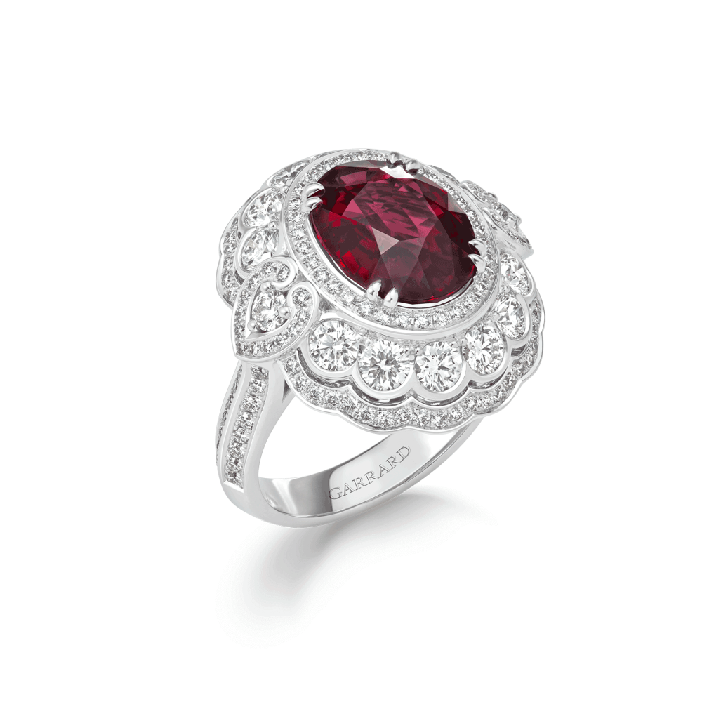 Garrard Jewelled Vault 5.03ct Oval Pigeons Blood Ruby and Diamond High Jewellery Ring In 18ct White Gold 2018774