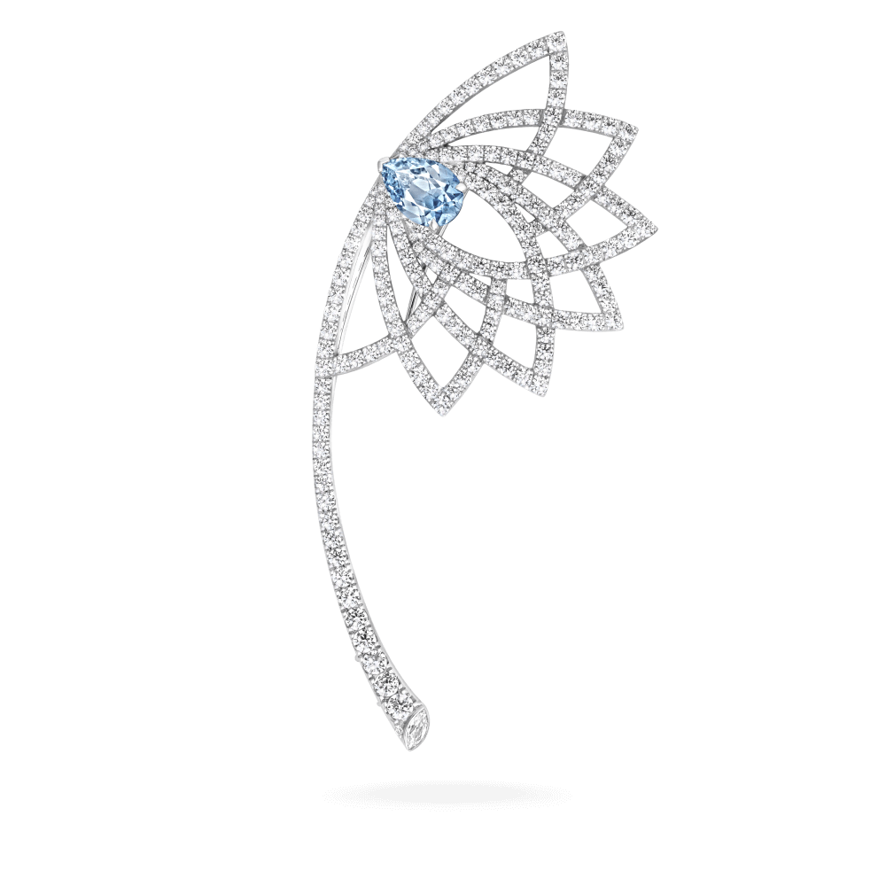Garrard Lotus Jewellery Collection Lotus Bloom Aquamarine and Diamond Brooch In 18K White Gold, 2019432, Hero