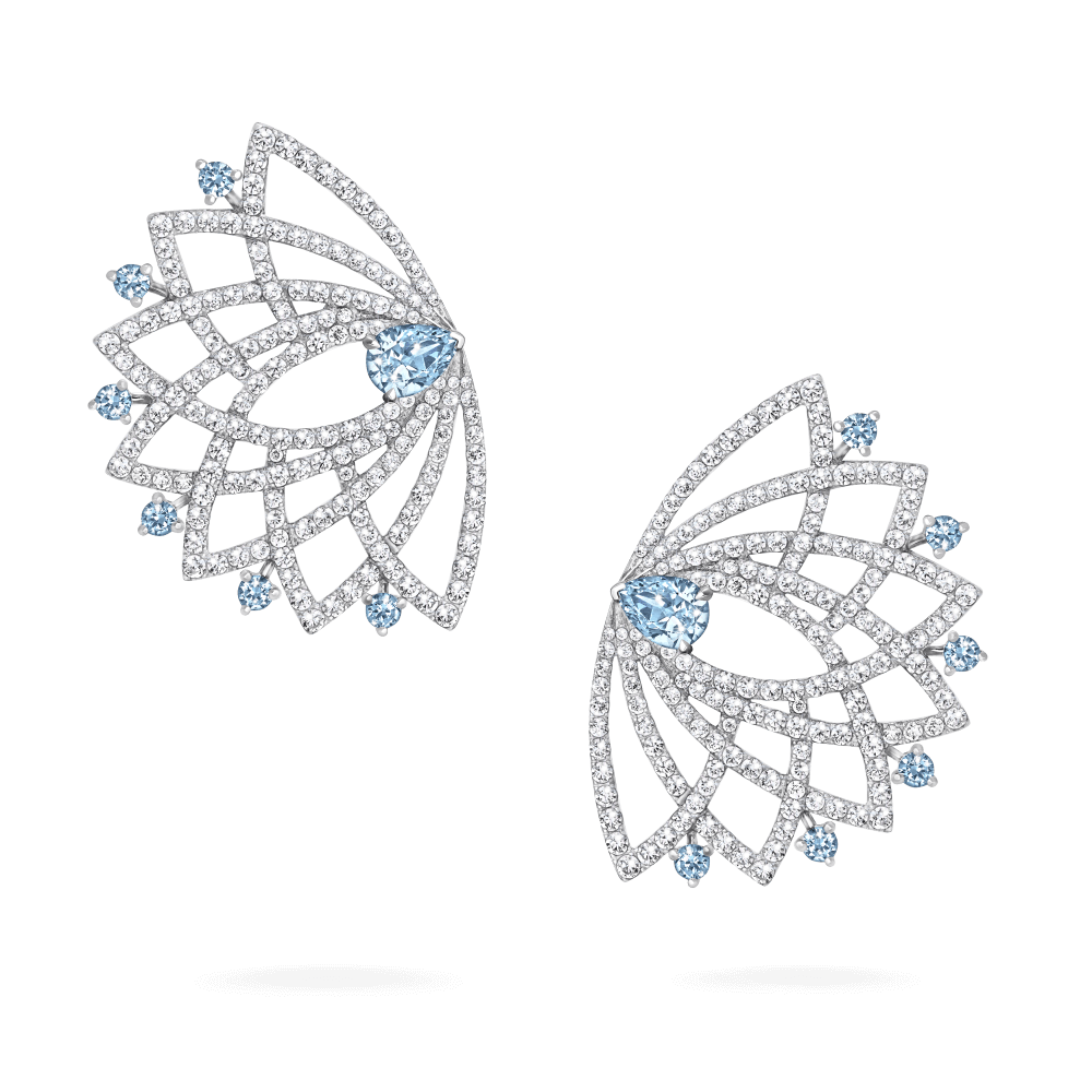 Garrard Lotus Jewellery Collection Lotus Bloom Aquamarine and Diamond Climber Earrings In 18K White Gold, 2019352, Hero