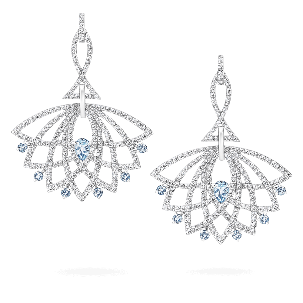 Garrard Lotus Jewellery Collection Lotus Bloom Aquamarine and Diamond Drop Earrings In 18K White Gold, 2019346, Hero