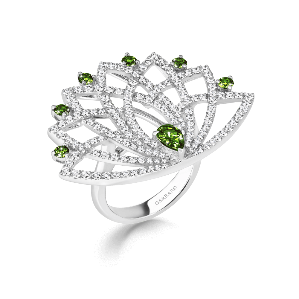 Garrard Lotus Jewellery Collection Lotus Bloom Tsavorite Garnet and Diamond Ring In 18K White Gold, 2019359, Hero