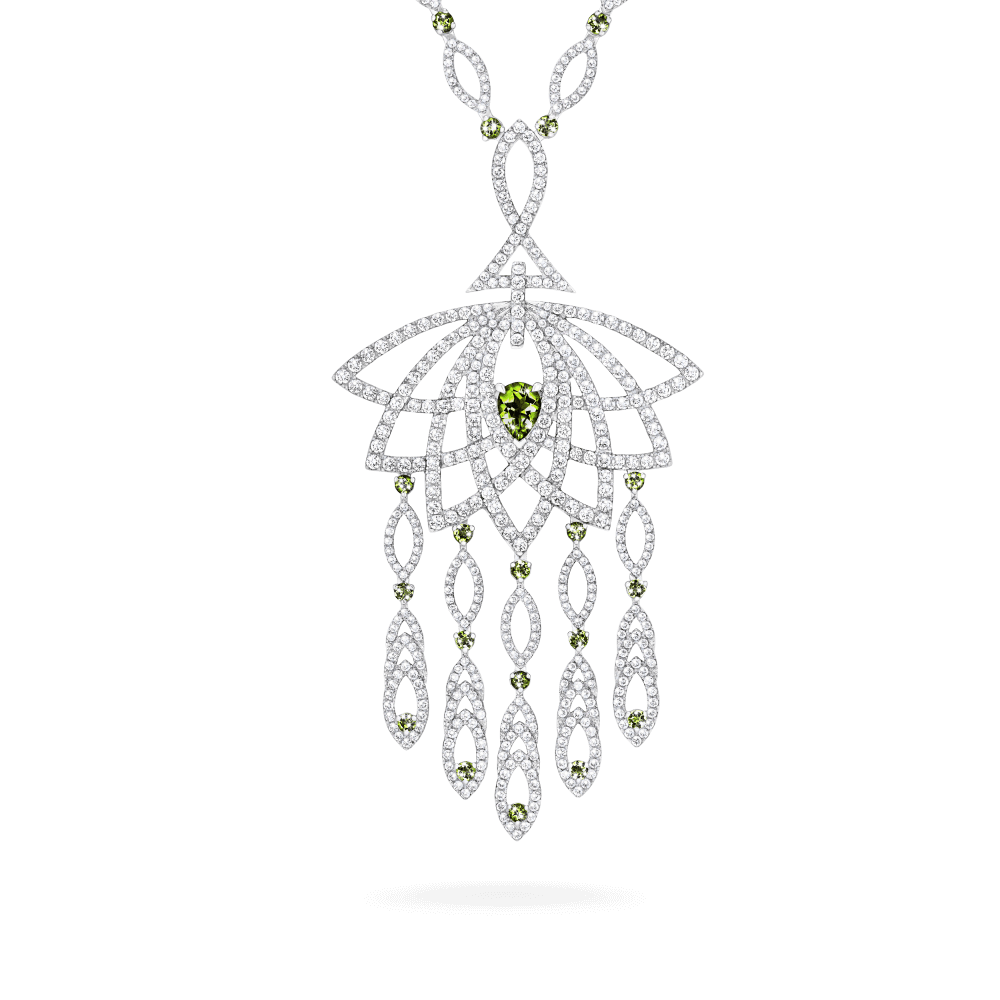 Garrard Lotus Jewellery Collection Lotus Bloom Tsavorite Garnet and Diamond Slider Pendant In 18K White Gold, 2019341, Hero