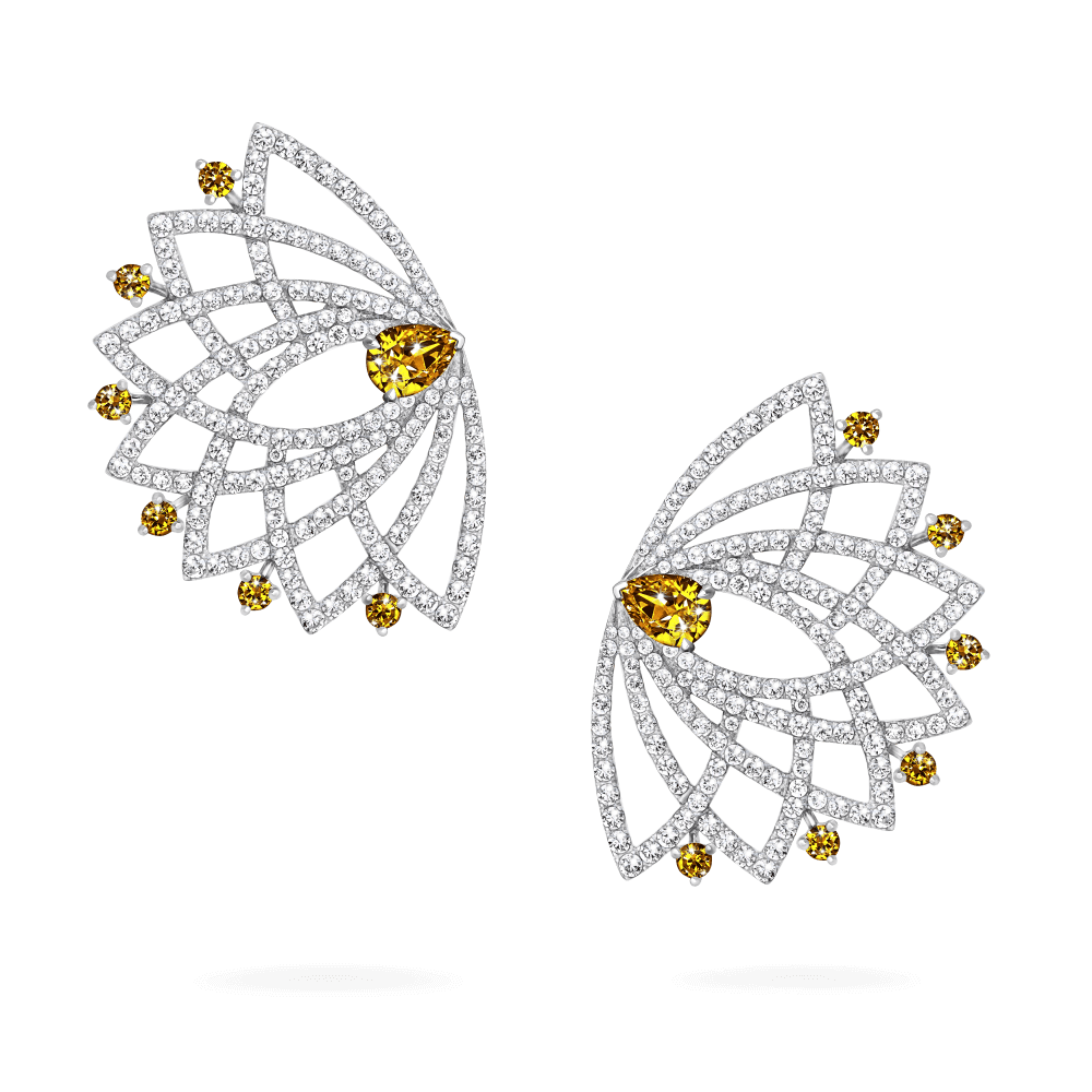 Garrard Lotus Jewellery Collection Lotus Bloom Yellow Sapphire and Diamond Climber Earrings In 18K White Gold, 2019354, Hero