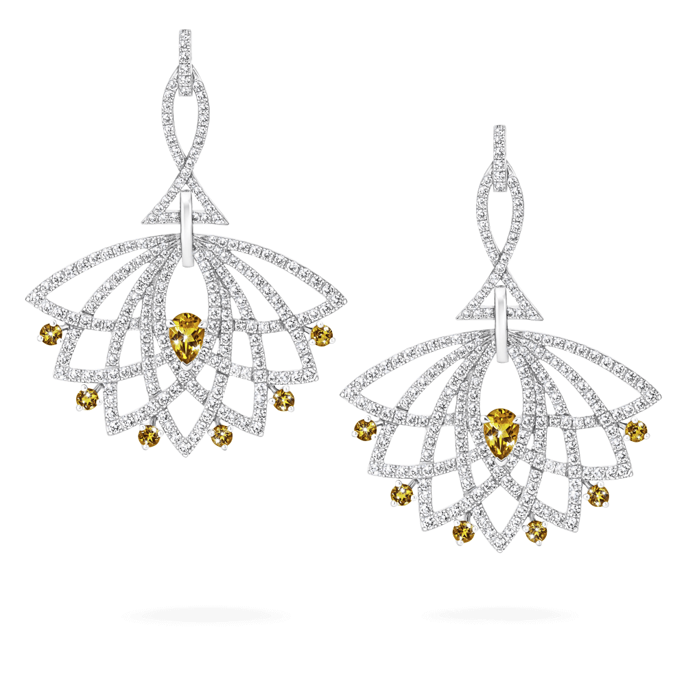 Garrard Lotus Jewellery Collection Lotus Bloom Yellow Sapphire and Diamond Drop Earrings In 18K White Gold, 2019348, Hero