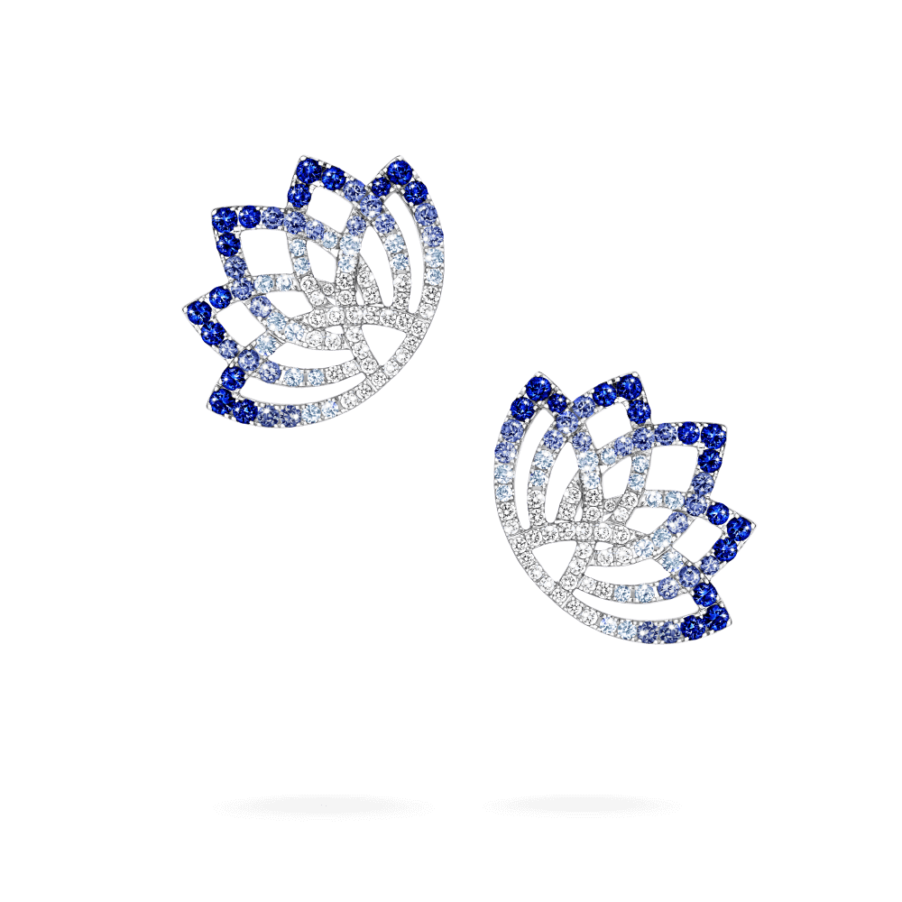 Garrard Lotus Jewellery Collection Lotus Flower Blue Sapphire and and Diamond Climber Earrings in 18K White Gold, 2019322, Hero