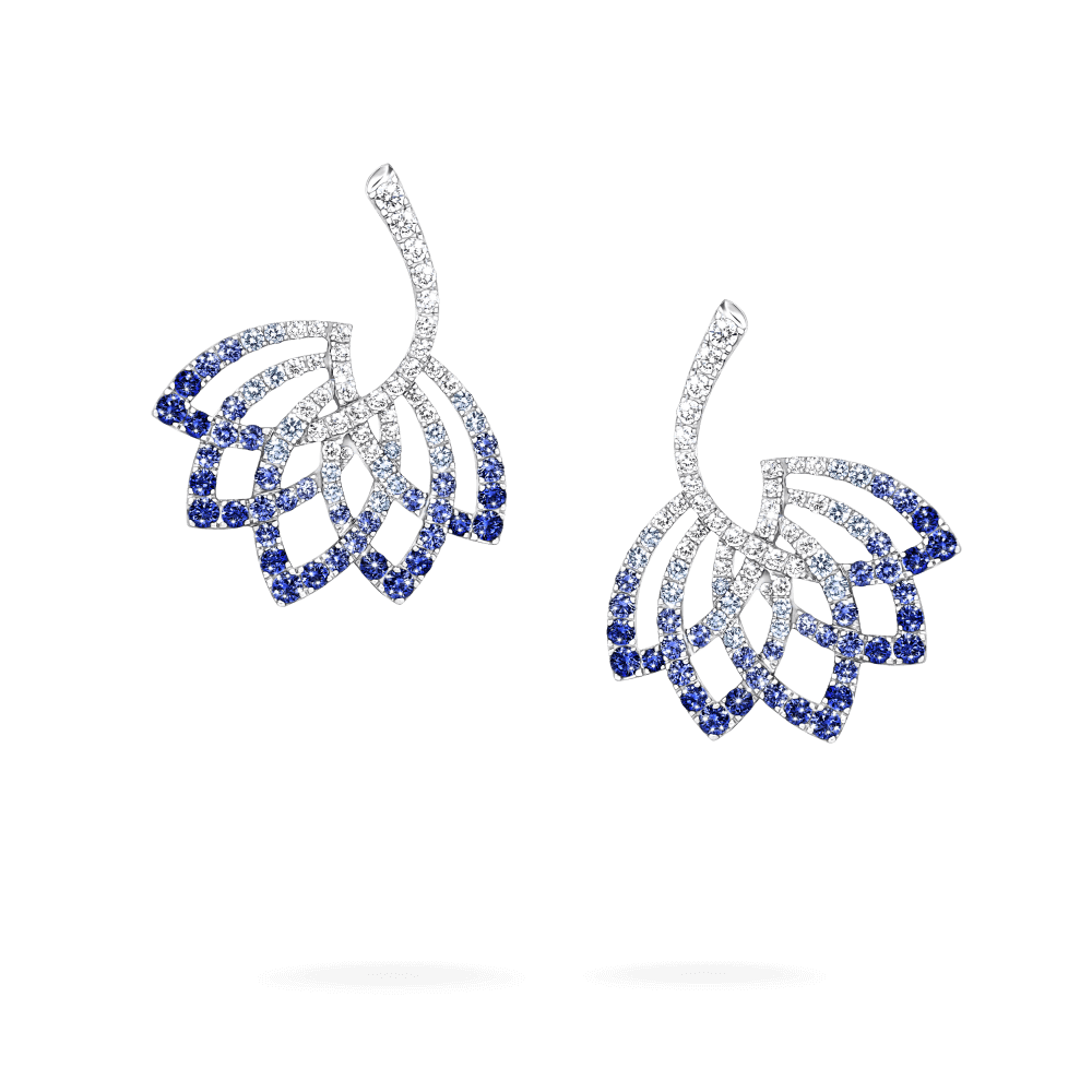 Garrard Lotus Jewellery Collection Lotus Flower Blue Sapphire and and Diamond Drop Earrings in 18K White Gold, 2019316, Hero