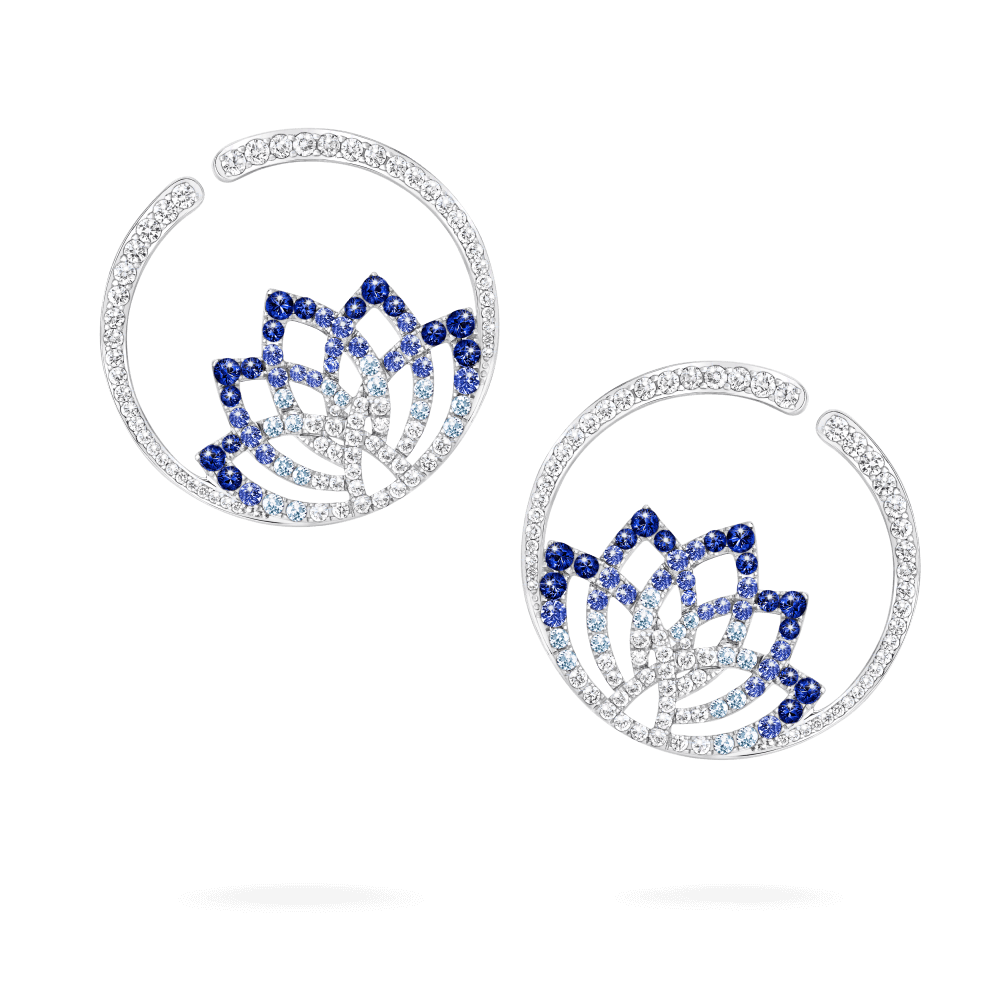 Garrard Lotus Jewellery Collection Lotus Flower Blue Sapphire and and Diamond Hoop Earrings in 18K White Gold, 2019328, Hero