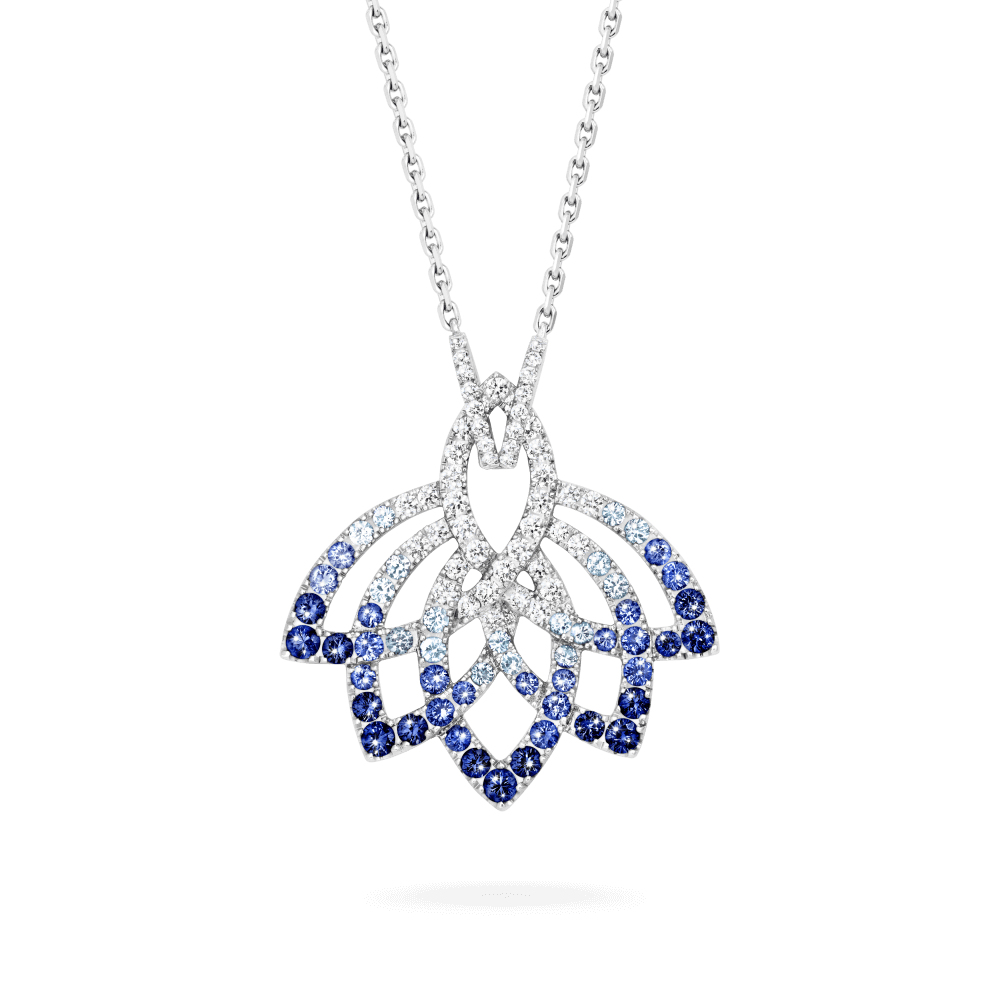 Garrard Lotus Jewellery Collection Lotus Flower Blue Sapphire and and Diamond Pendant in 18K White Gold, 2019310, Hero