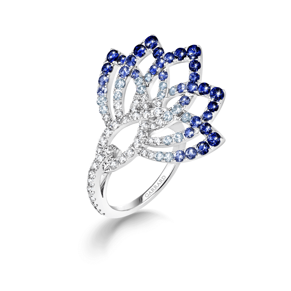 Garrard Lotus Jewellery Collection Lotus Flower Blue Sapphire and and Diamond Ring in 18K White Gold, 2019334, Hero