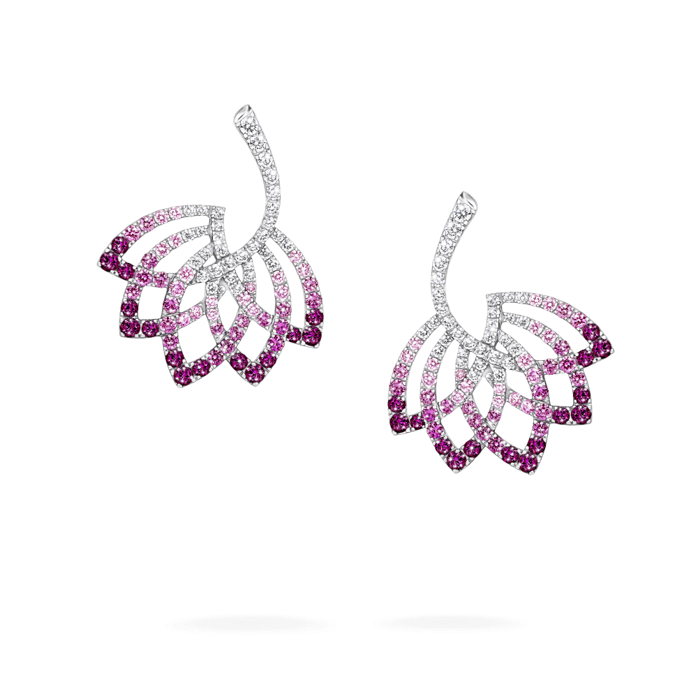 Garrard Lotus Jewellery Collection Lotus Flower Pink Sapphire and and Diamond Drop Earrings in 18K White Gold, 2019315, Hero